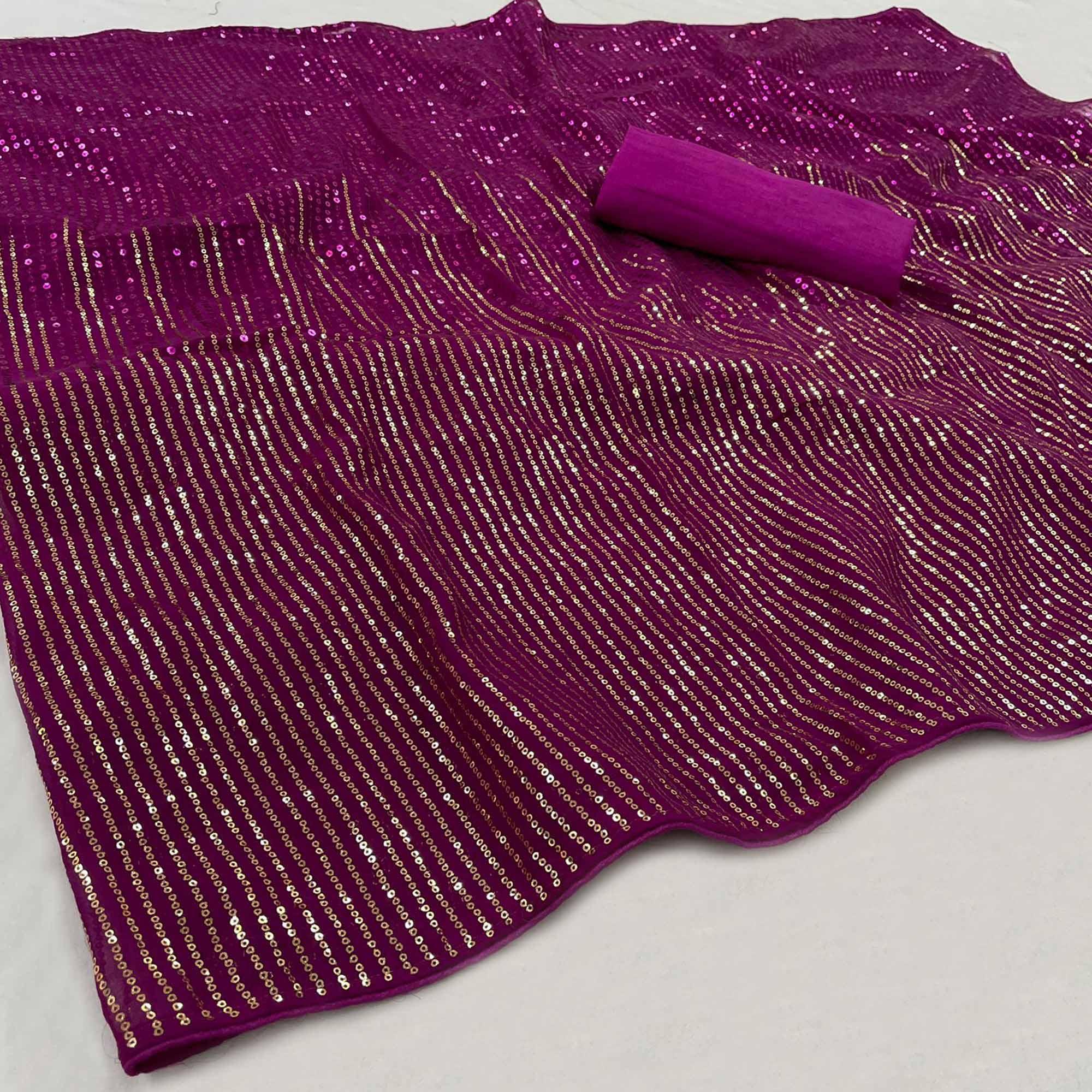 Purple Partywear Sequence Embroidered Georgette Saree - Peachmode