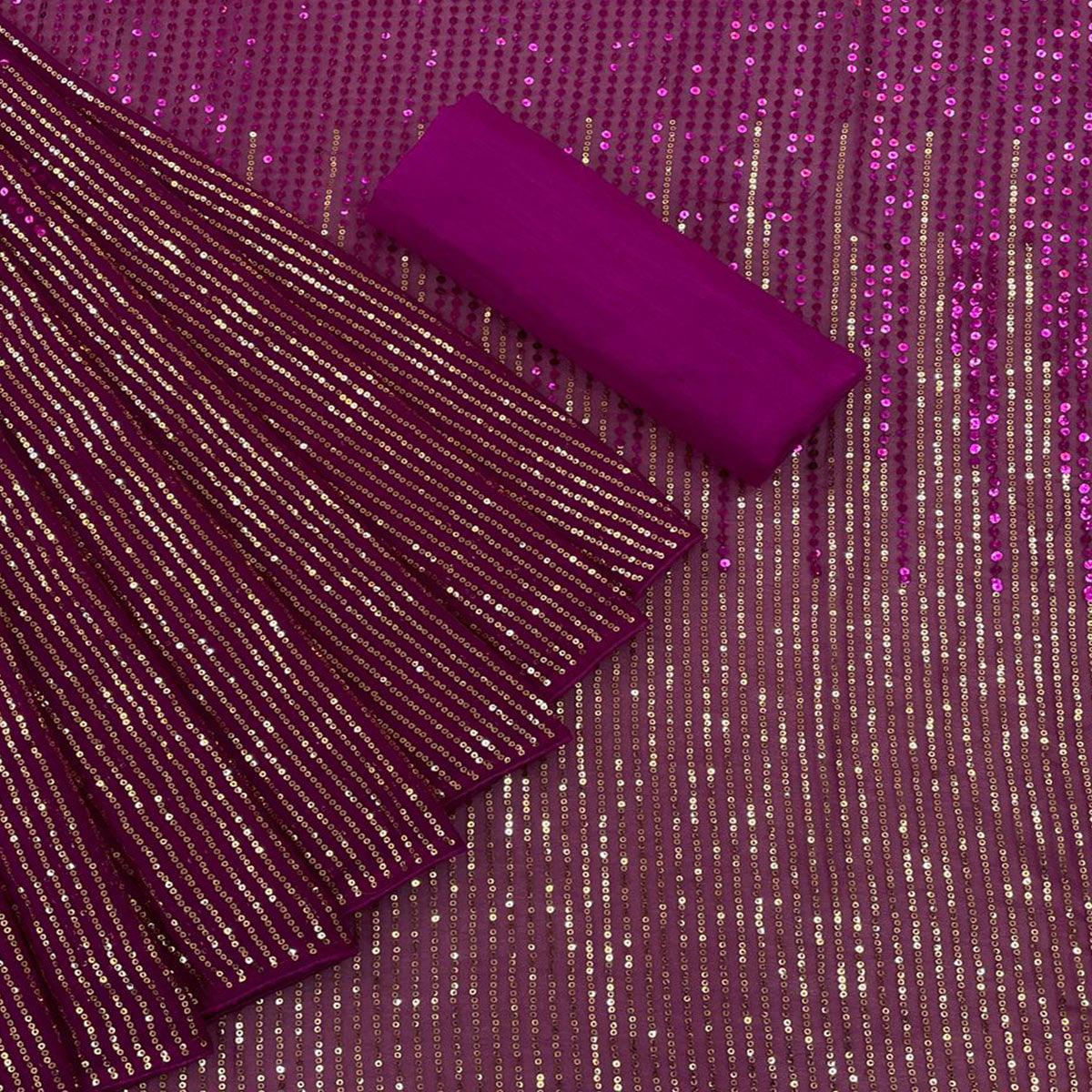 Purple Partywear Sequence Embroidered Georgette Saree - Peachmode