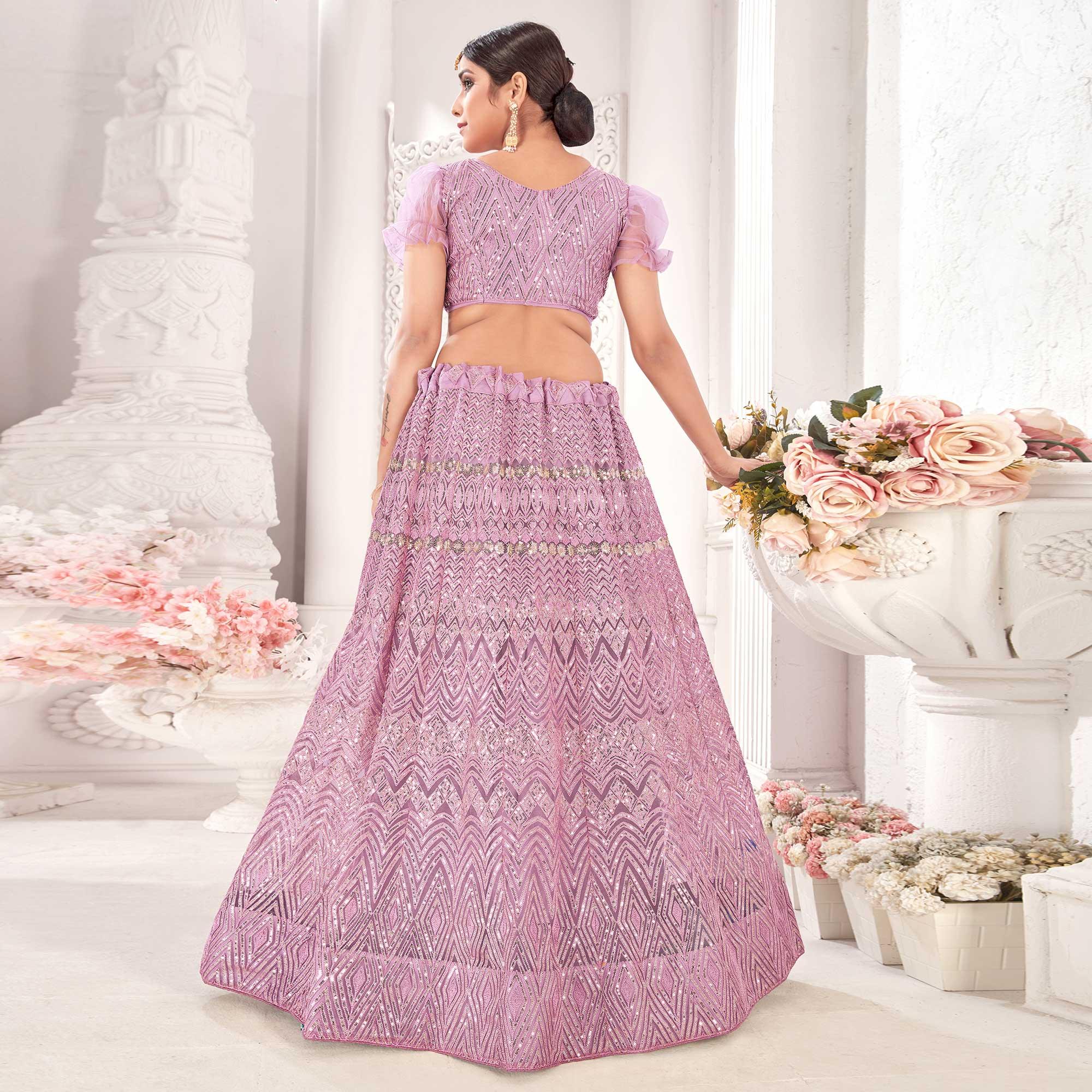 Purple Partywear Sequence Embroidered Net Lehenga Choli - Peachmode
