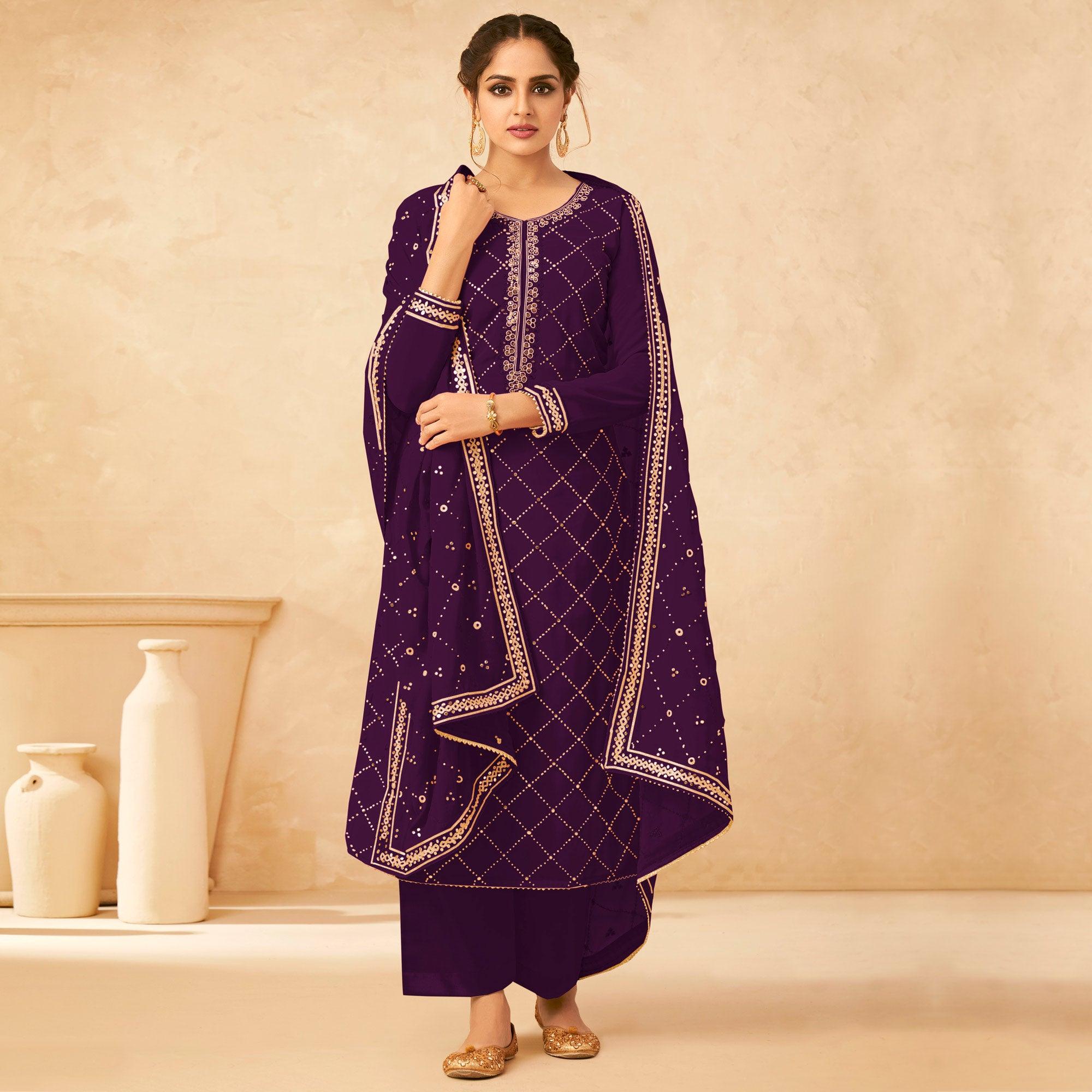 Purple Partywear Sequence Work Real Georgette Palazzo Suit - Peachmode
