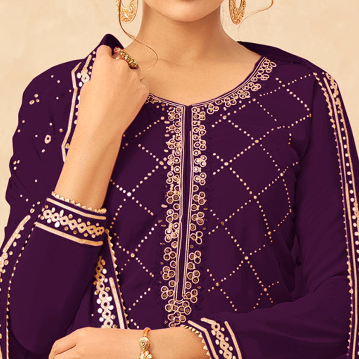 Purple Partywear Sequence Work Real Georgette Palazzo Suit - Peachmode