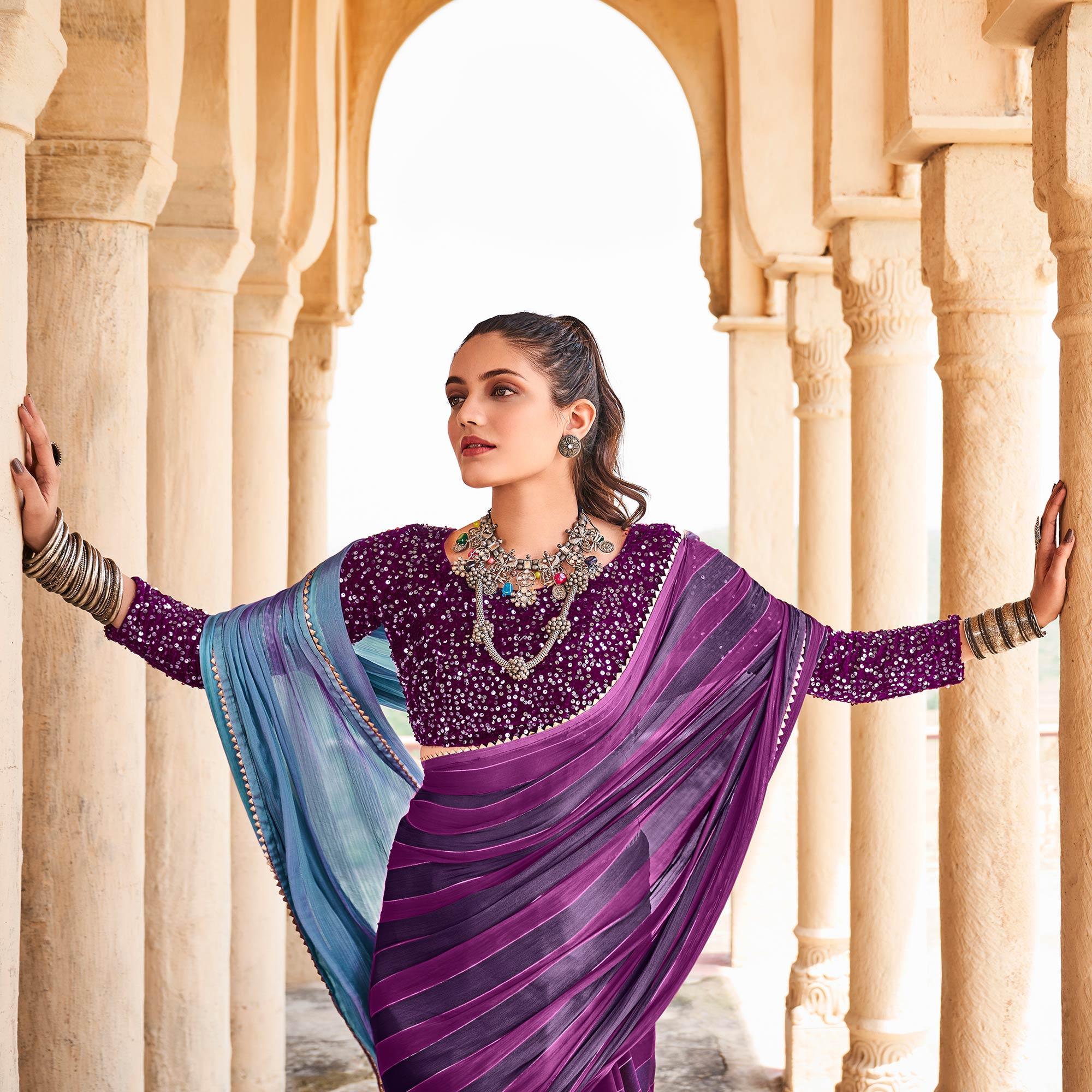 Purple Partywear Striped Printed Saree With Fancy Lace - Peachmode