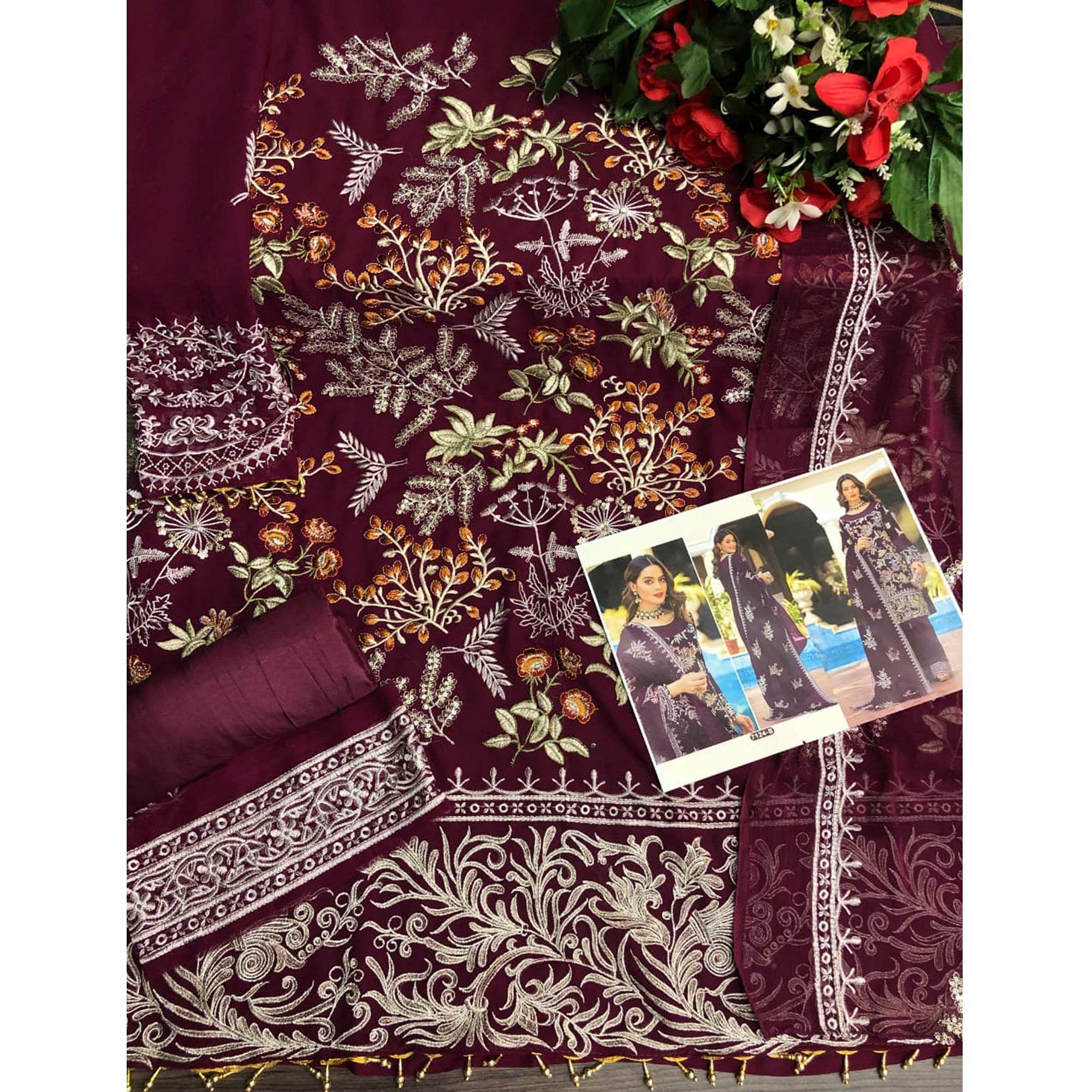 Purple Partywear Women's Floral Embroidered Georgette Semi-Stitched Pakistani Suit - Peachmode