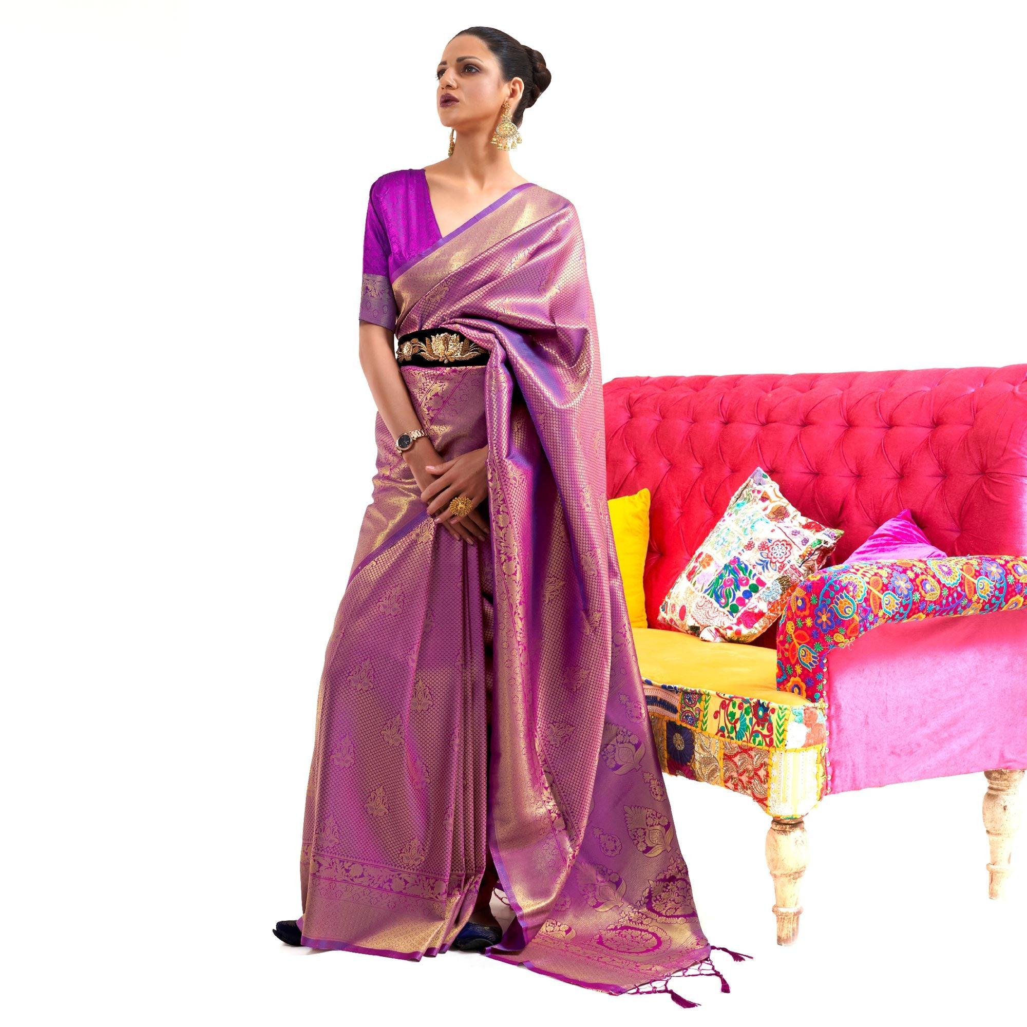 Purple Partywear Woven Handloom Silk Saree - Peachmode