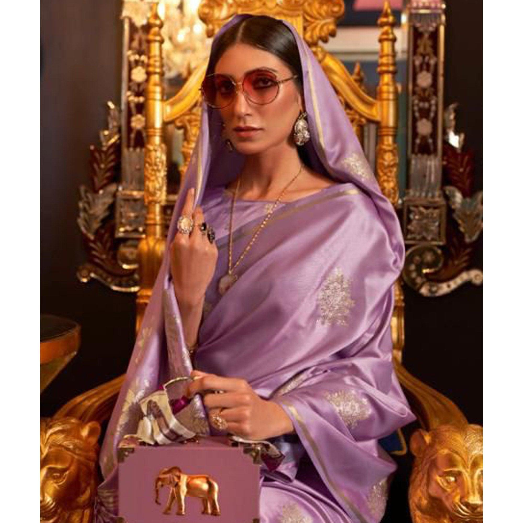 Purple Partywear Woven Satin Saree - Peachmode