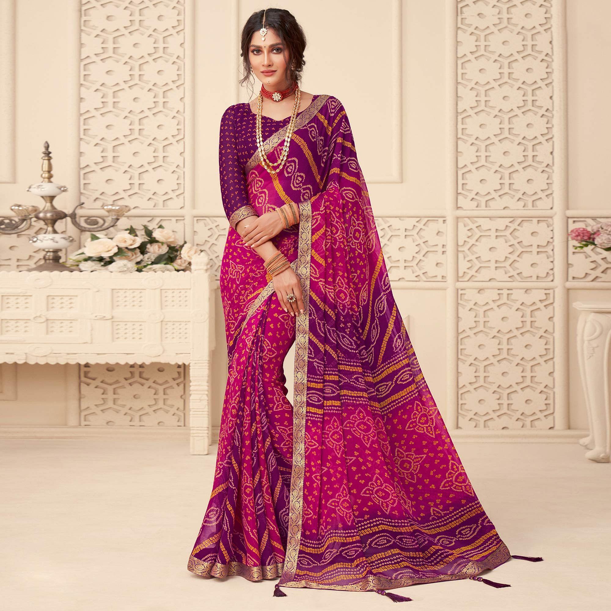 Purple-Pink Bandhani Printed Chiffon Saree With Tassels - Peachmode