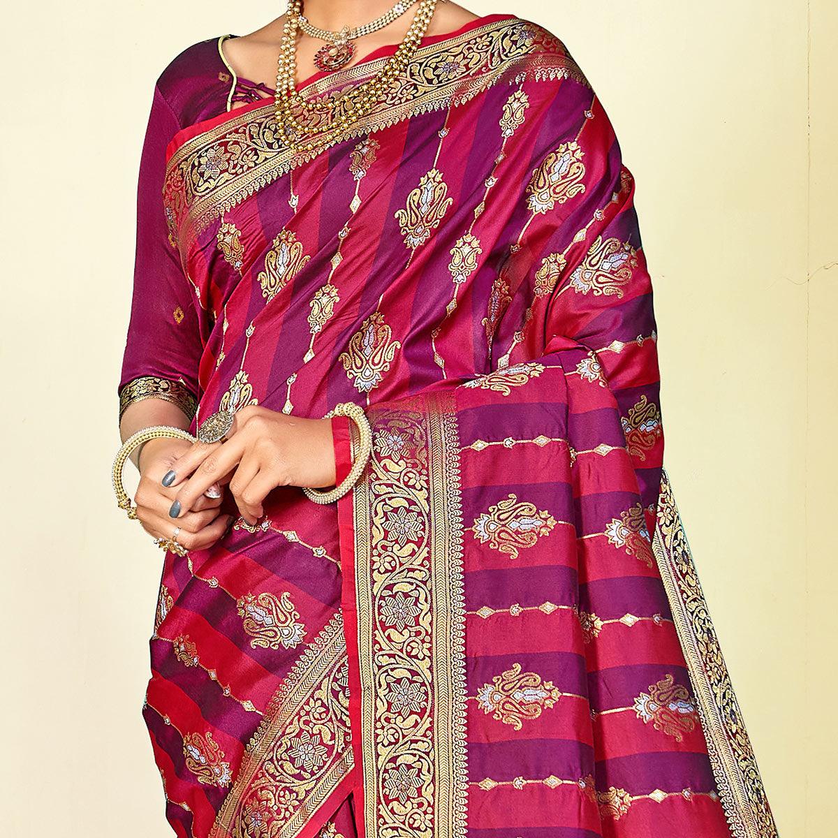 Purple - Pink Festive Wear Woven Handloom Paithani Silk Saree - Peachmode
