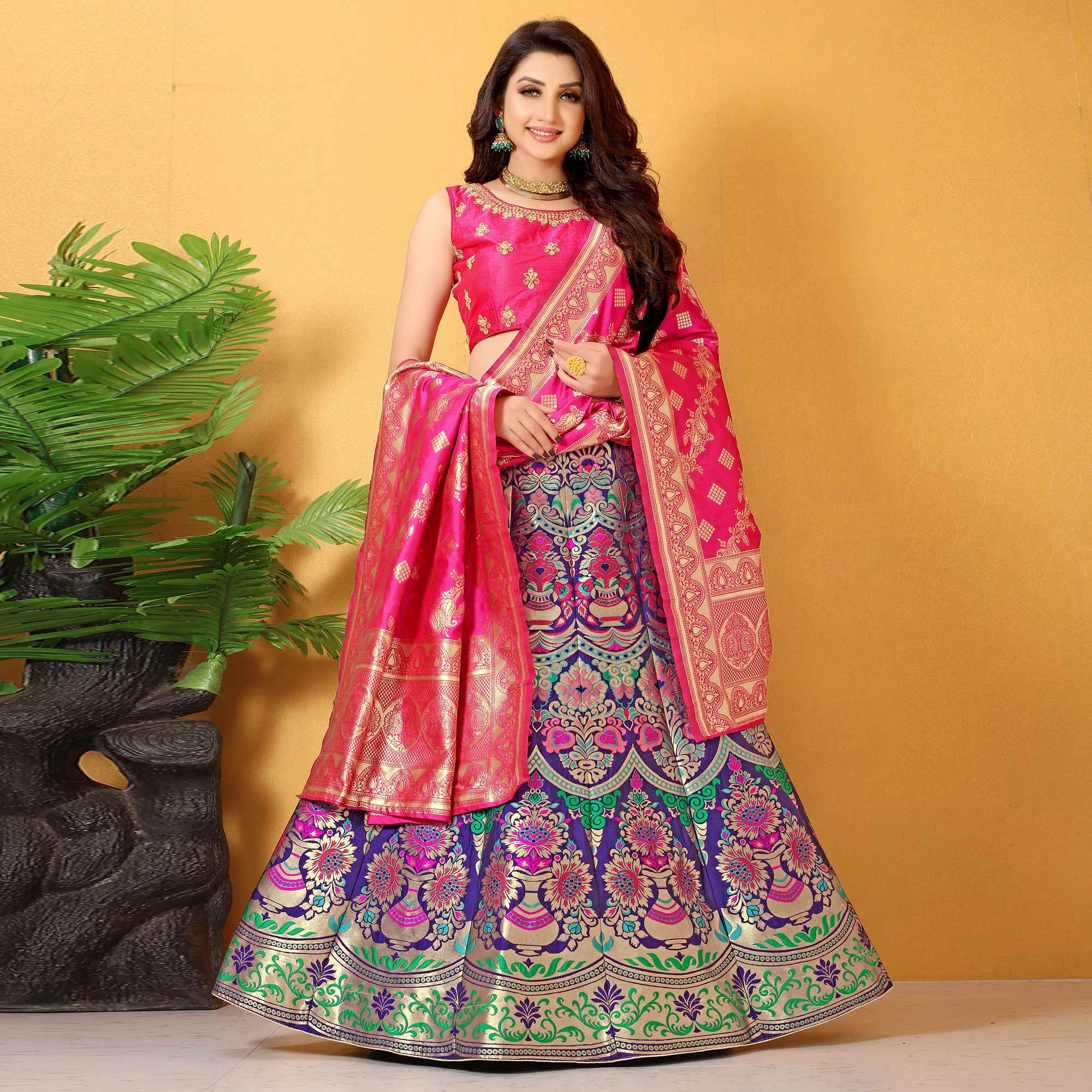Purple-Pink Meenakari Woven Banarasi Silk Lehenga Choli - Peachmode