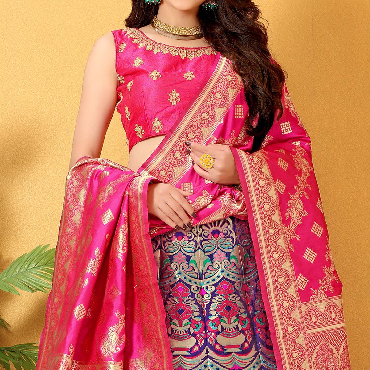 Purple-Pink Meenakari Woven Banarasi Silk Lehenga Choli - Peachmode