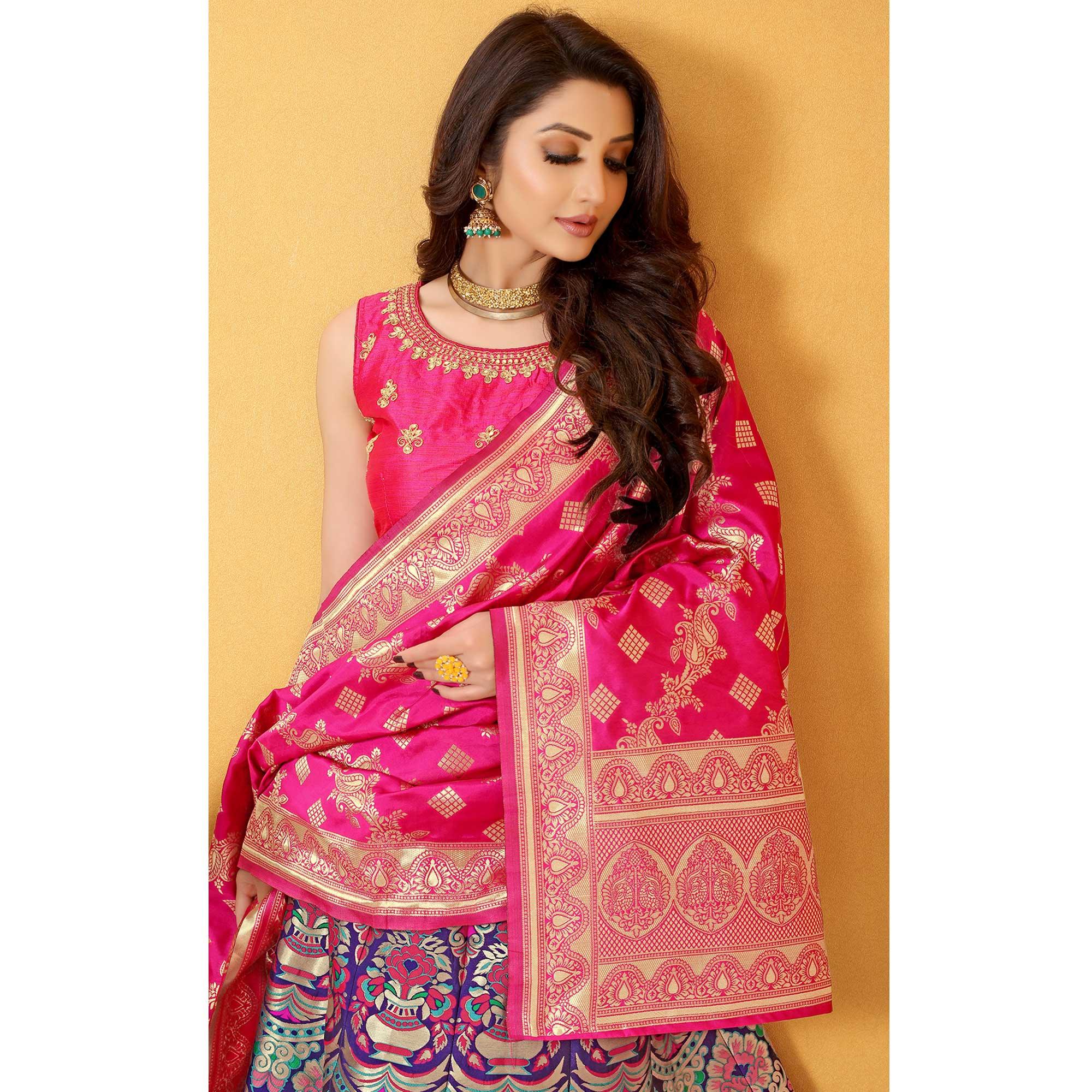 Purple-Pink Meenakari Woven Banarasi Silk Lehenga Choli - Peachmode
