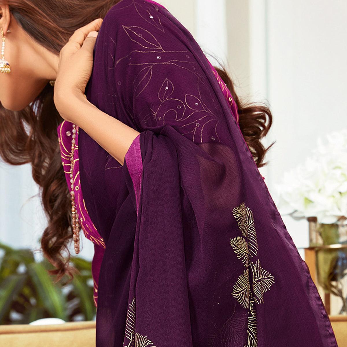 Purple Printed Art Silk Saree With Tassels - Peachmode