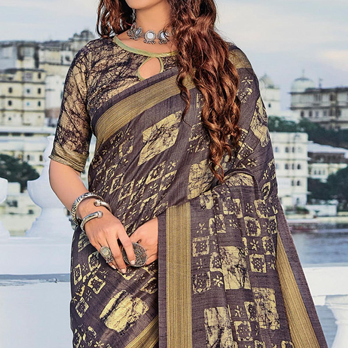 Purple Printed Cotton Silk Saree - Peachmode