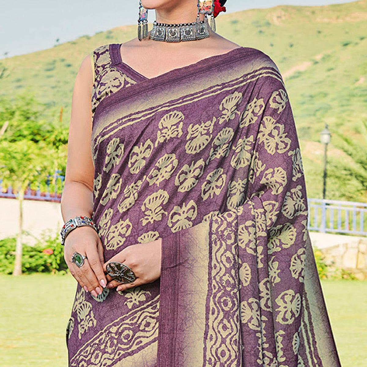 Purple Printed Cotton Silk Saree - Peachmode