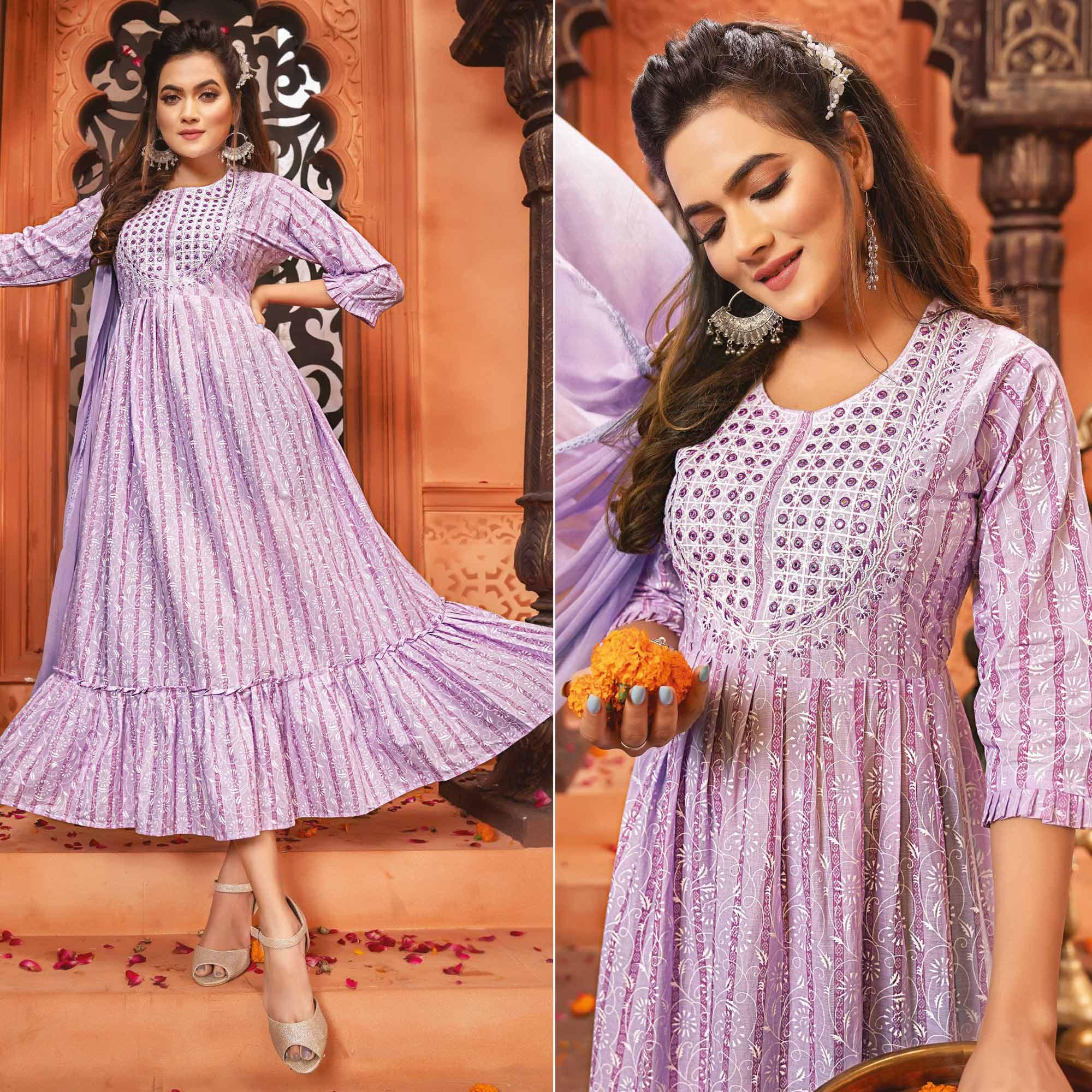 Purple Printed-Embroidered Poly Cotton Gown With Dupatta - Peachmode