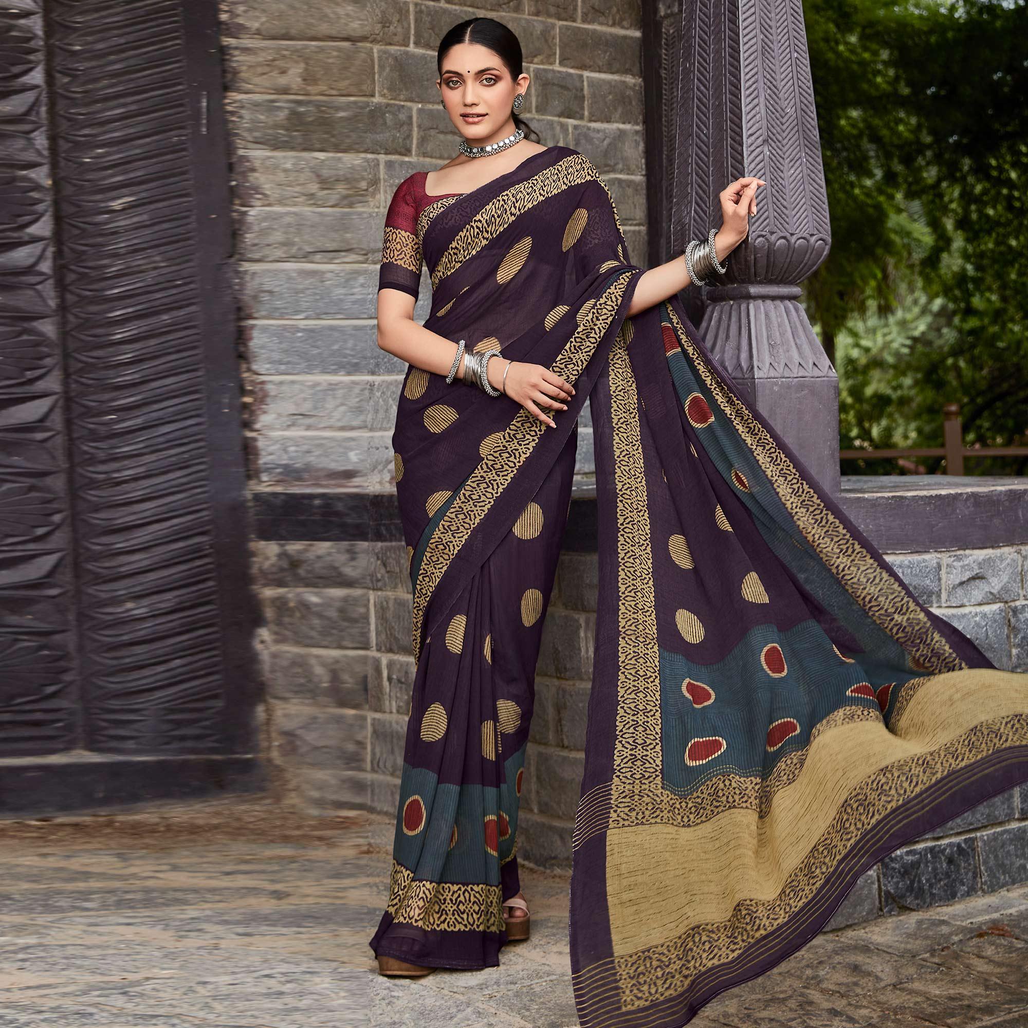 Purple Printed Geoergette Saree - Peachmode