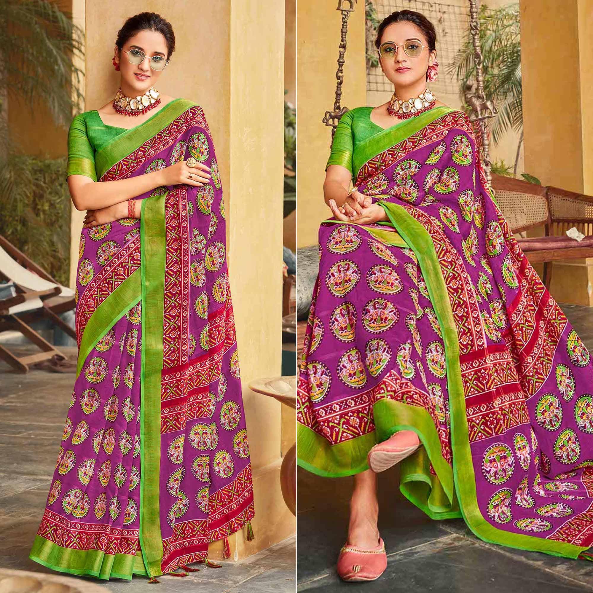 Purple Printed Linen Saree - Peachmode