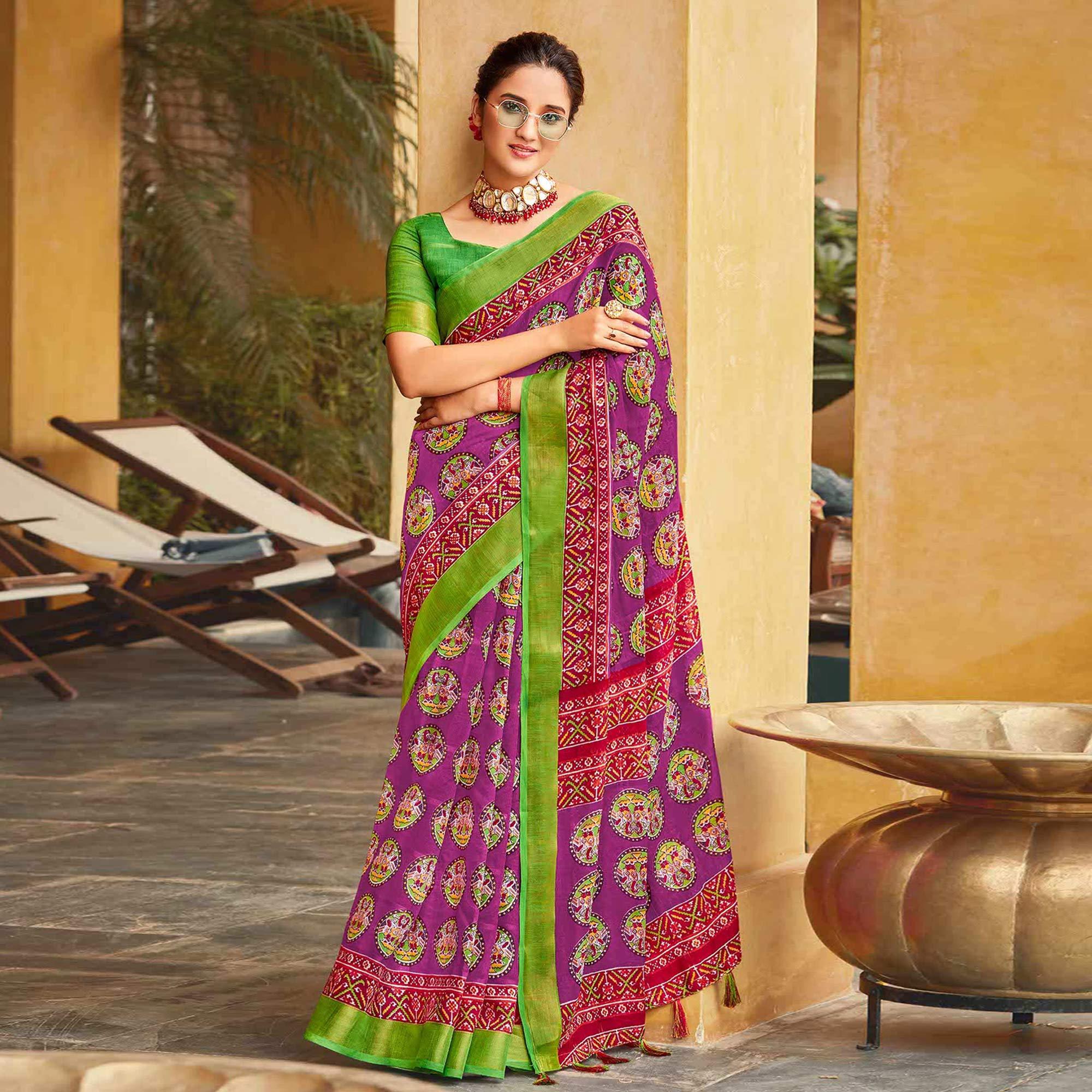 Purple Printed Linen Saree - Peachmode