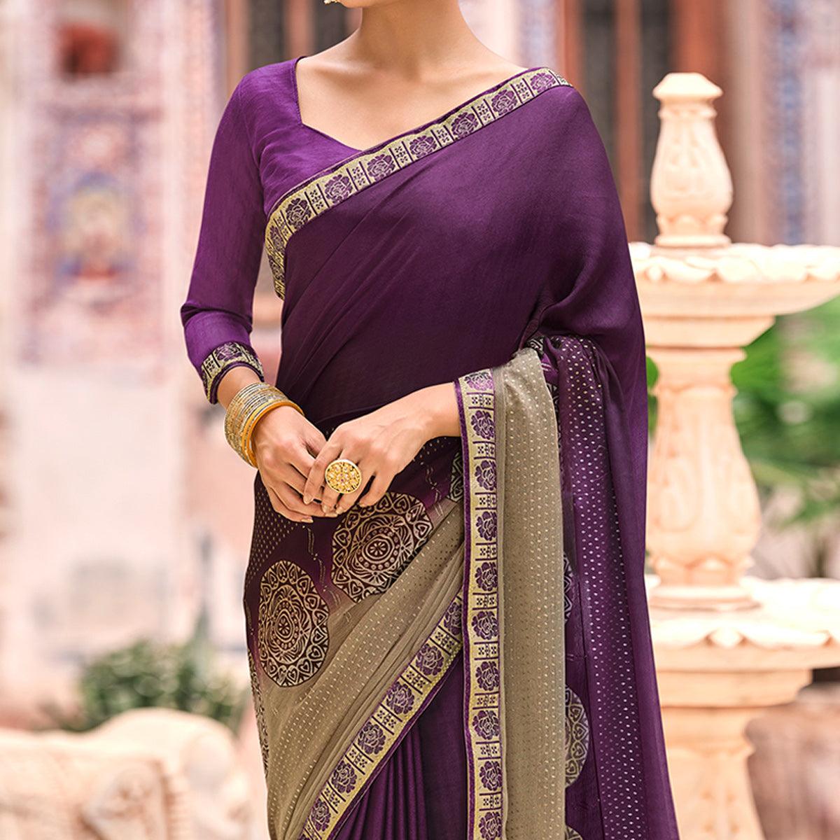 Purple Printed Moss Saree With Fancy Zari Border - Peachmode