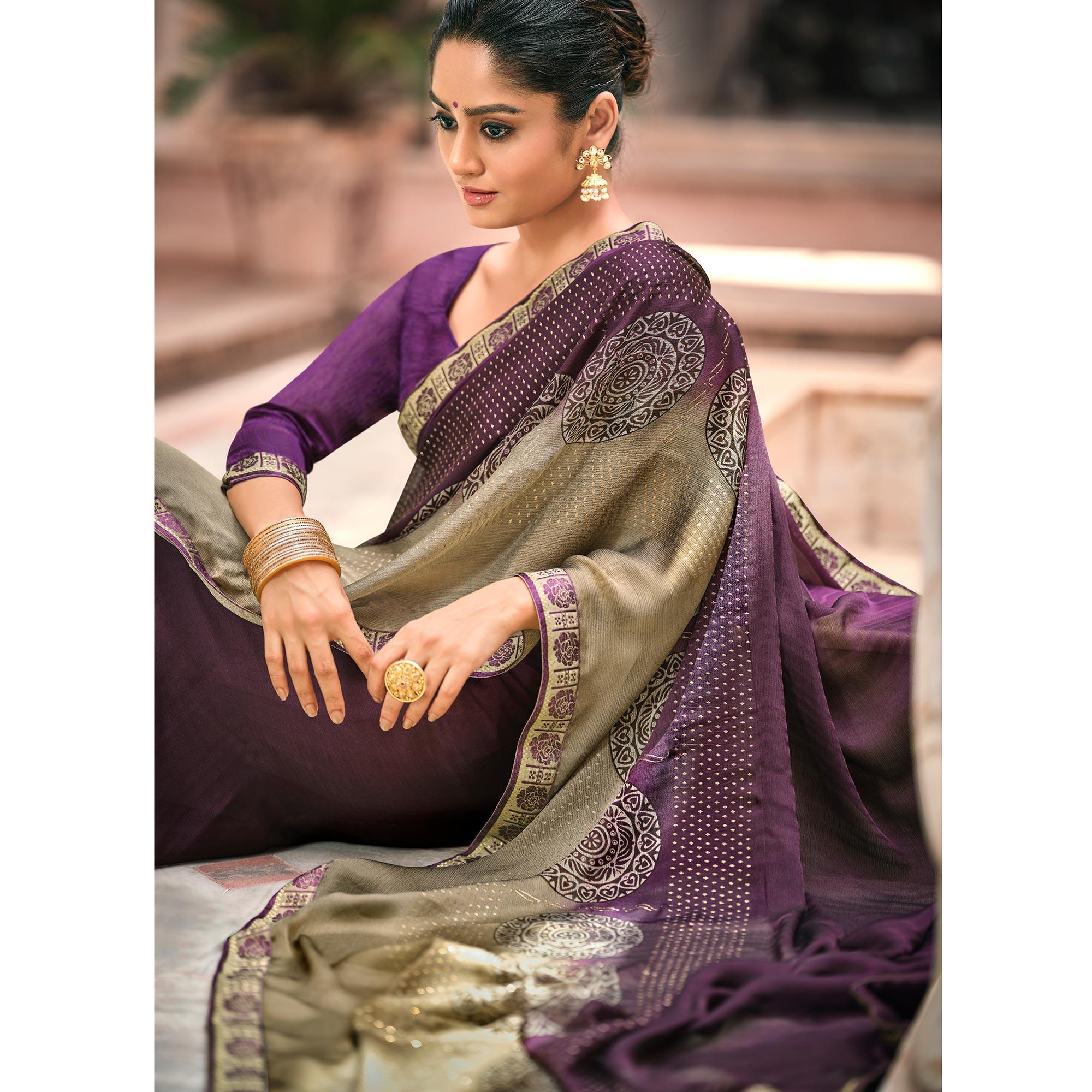 Purple Printed Moss Saree With Fancy Zari Border - Peachmode