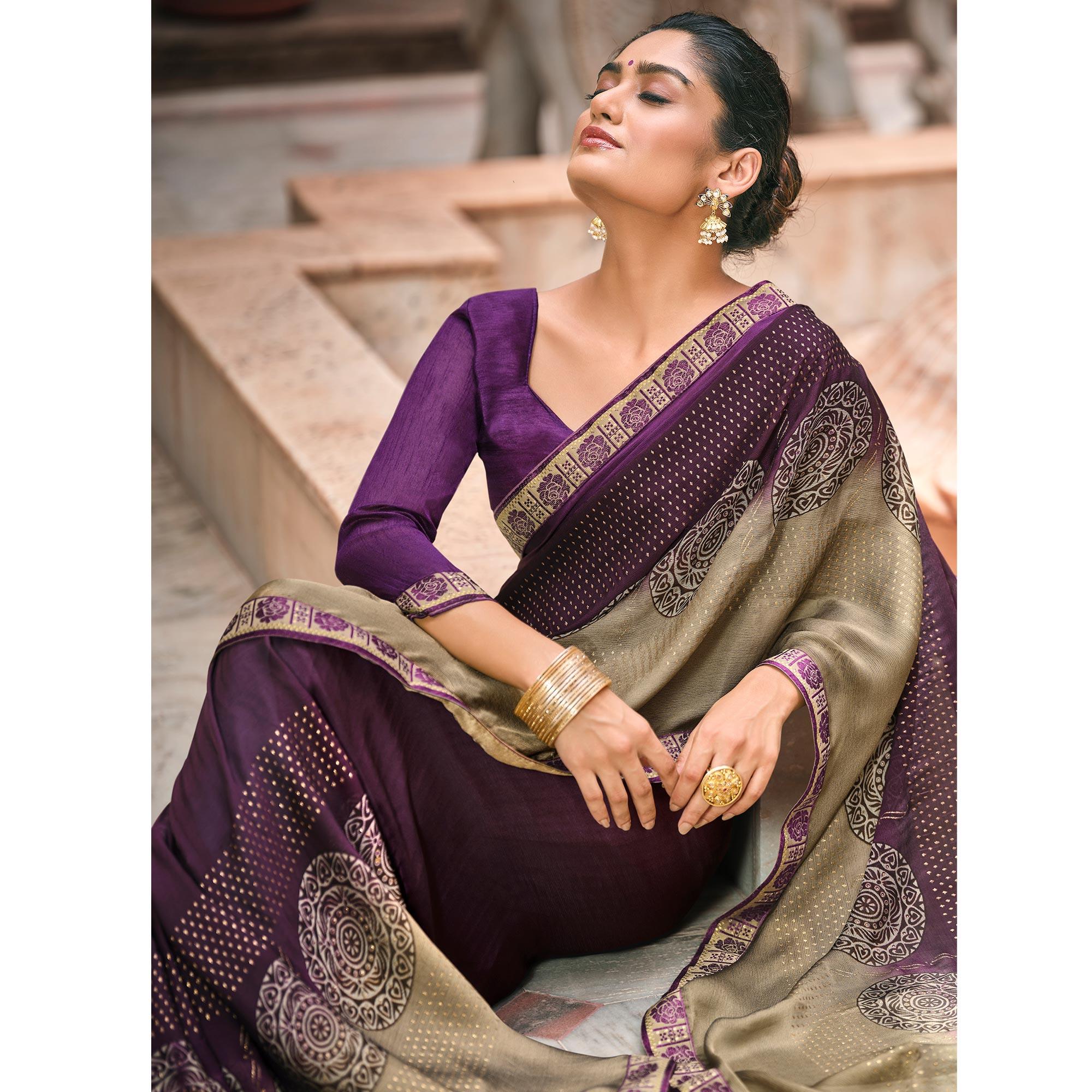 Purple Printed Moss Saree With Fancy Zari Border - Peachmode