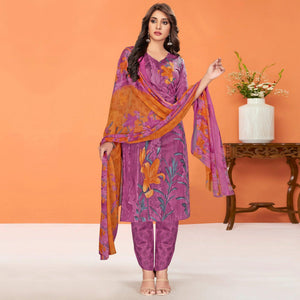 Purple Printed Poly Cotton Dress Material - Peachmode