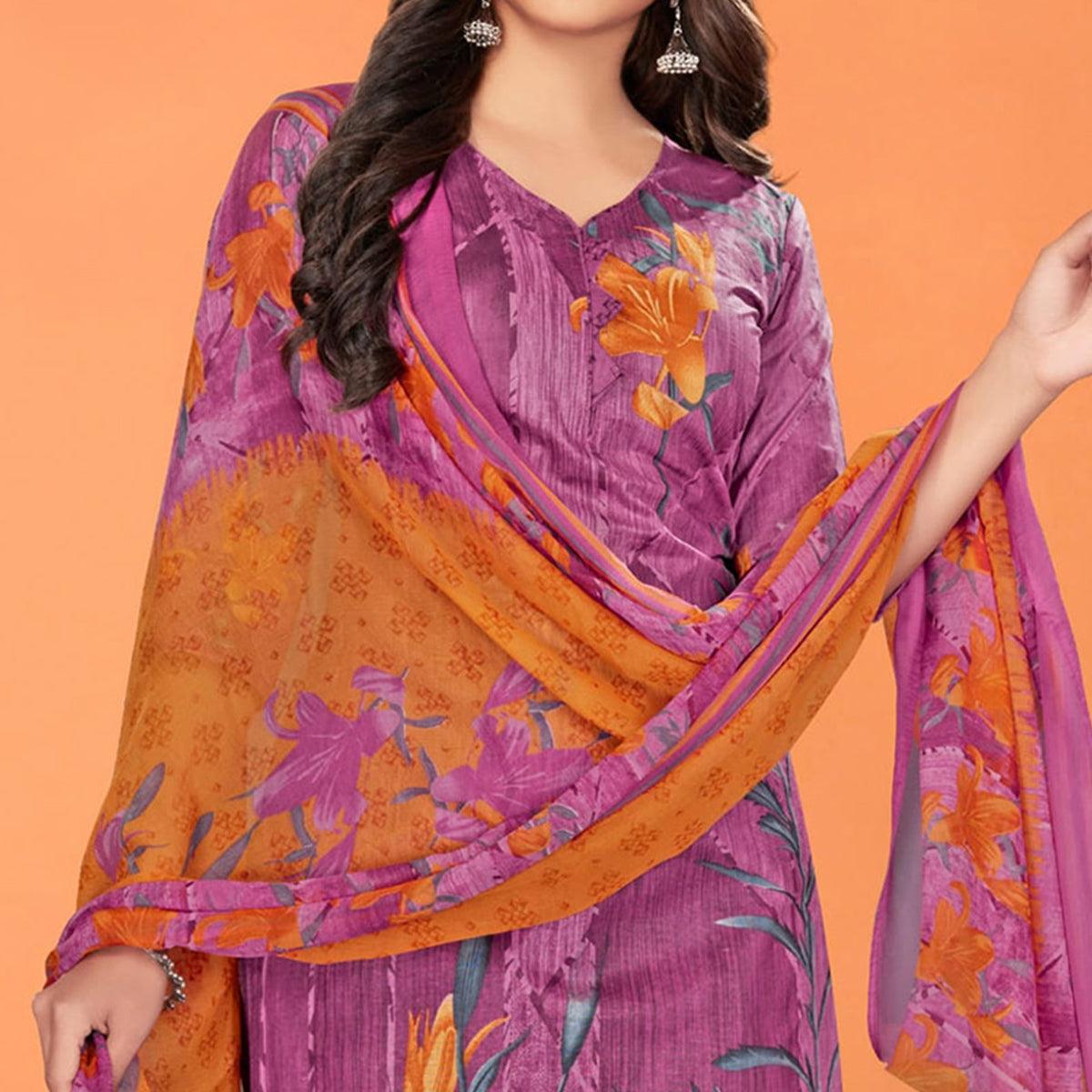 Purple Printed Poly Cotton Dress Material - Peachmode