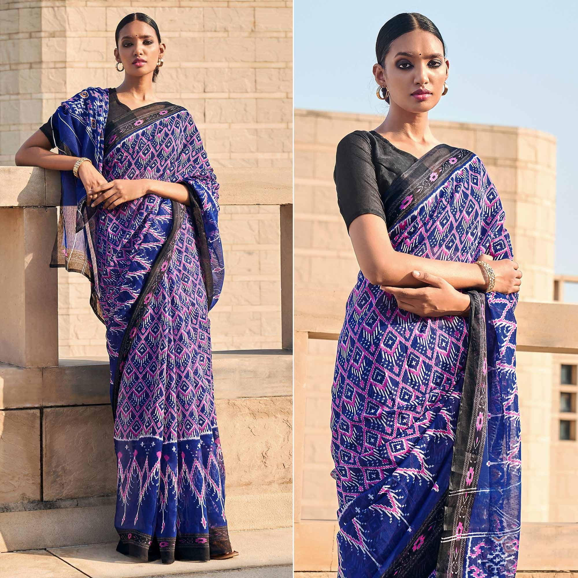 Purple Printed Poly Cotton Saree - Peachmode