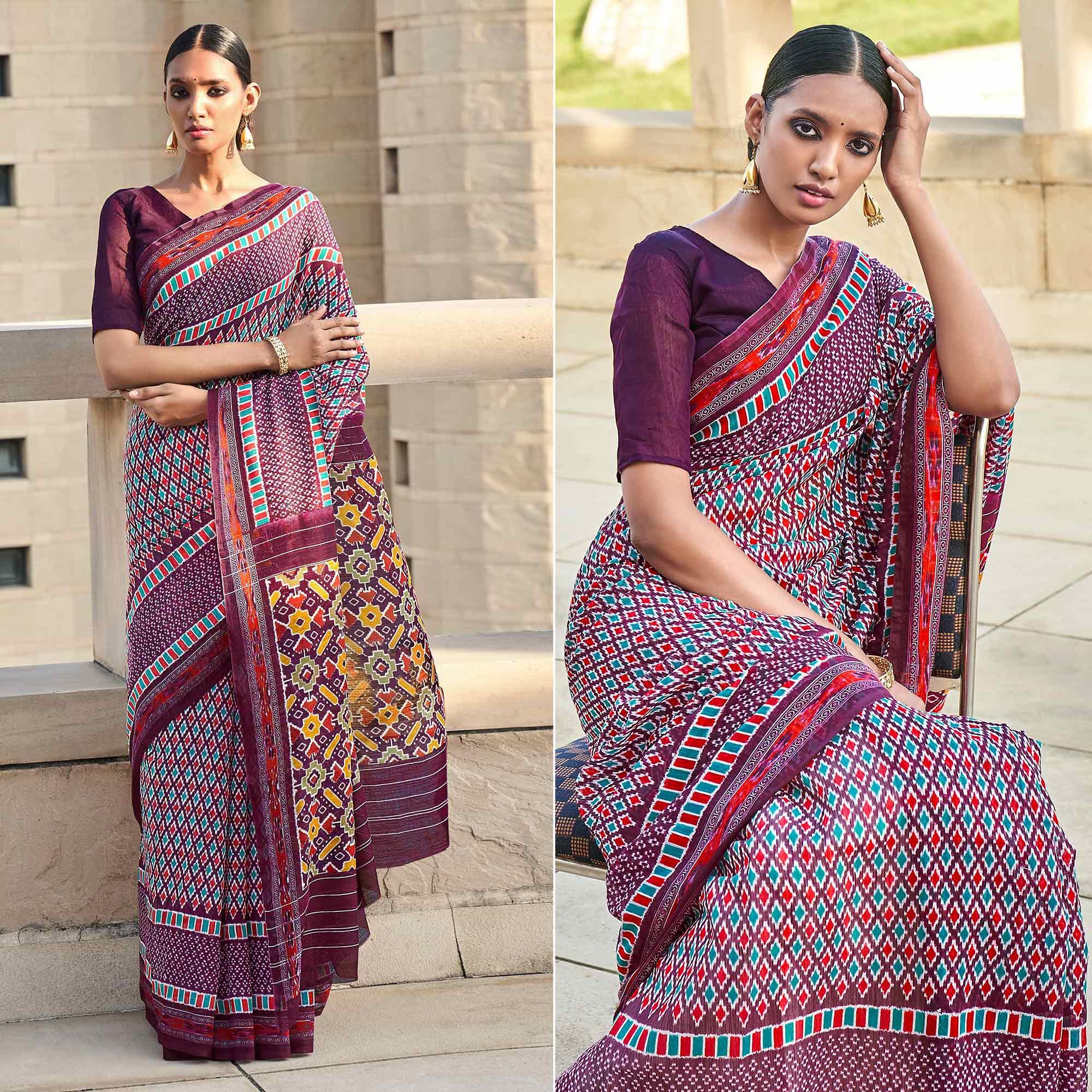 Purple Printed Poly Cotton Saree - Peachmode