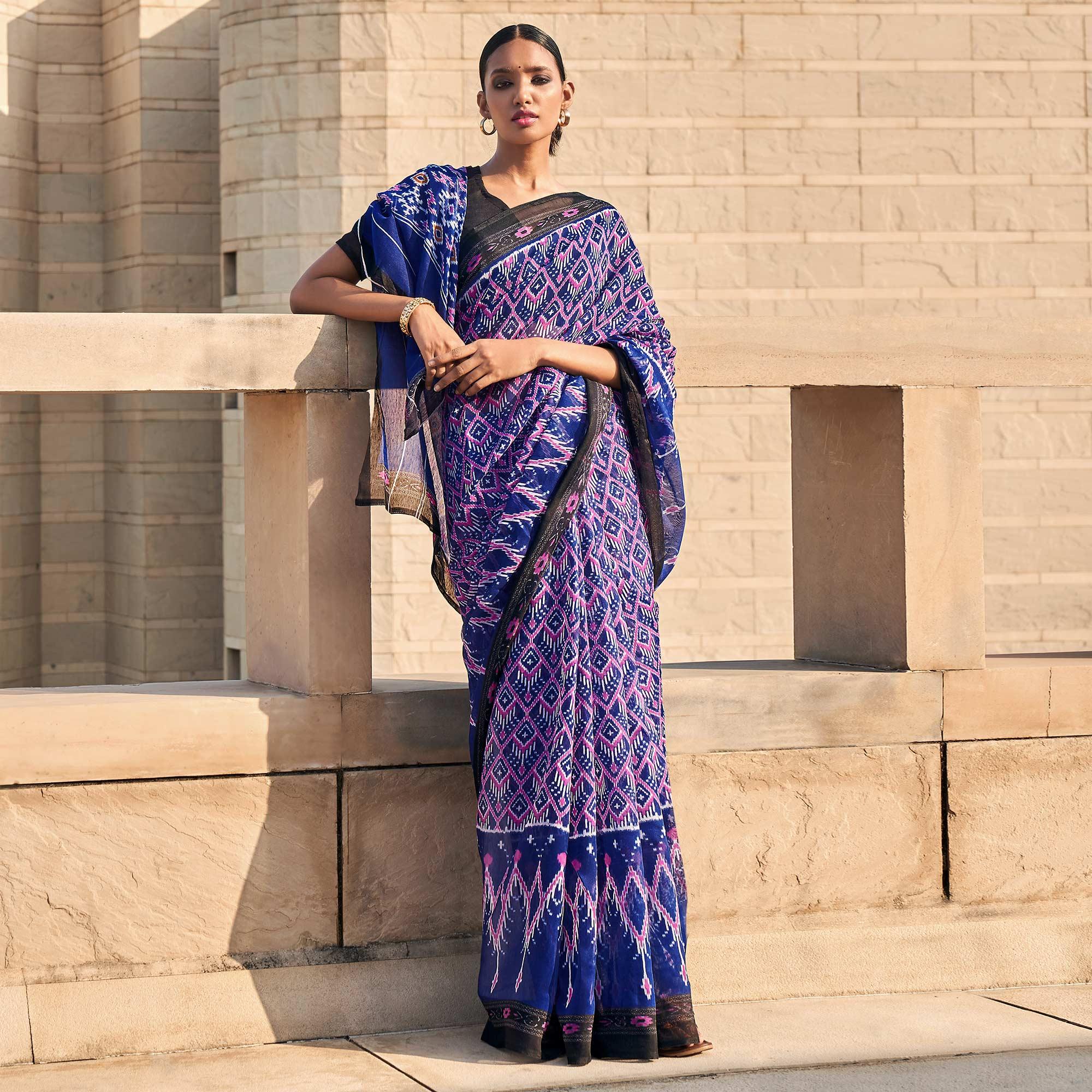Purple Printed Poly Cotton Saree - Peachmode