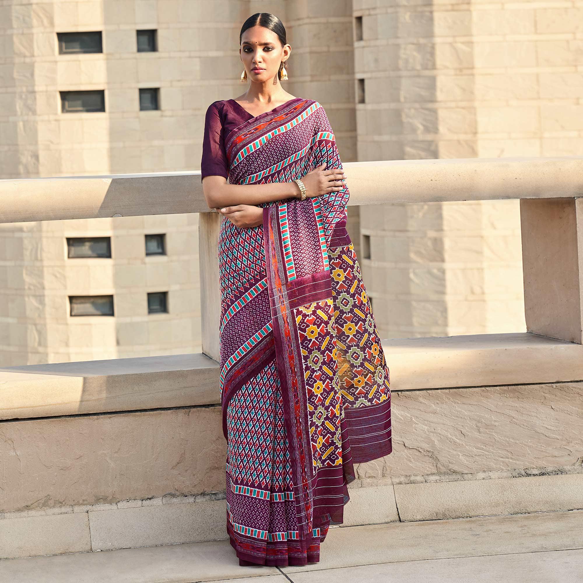 Purple Printed Poly Cotton Saree - Peachmode