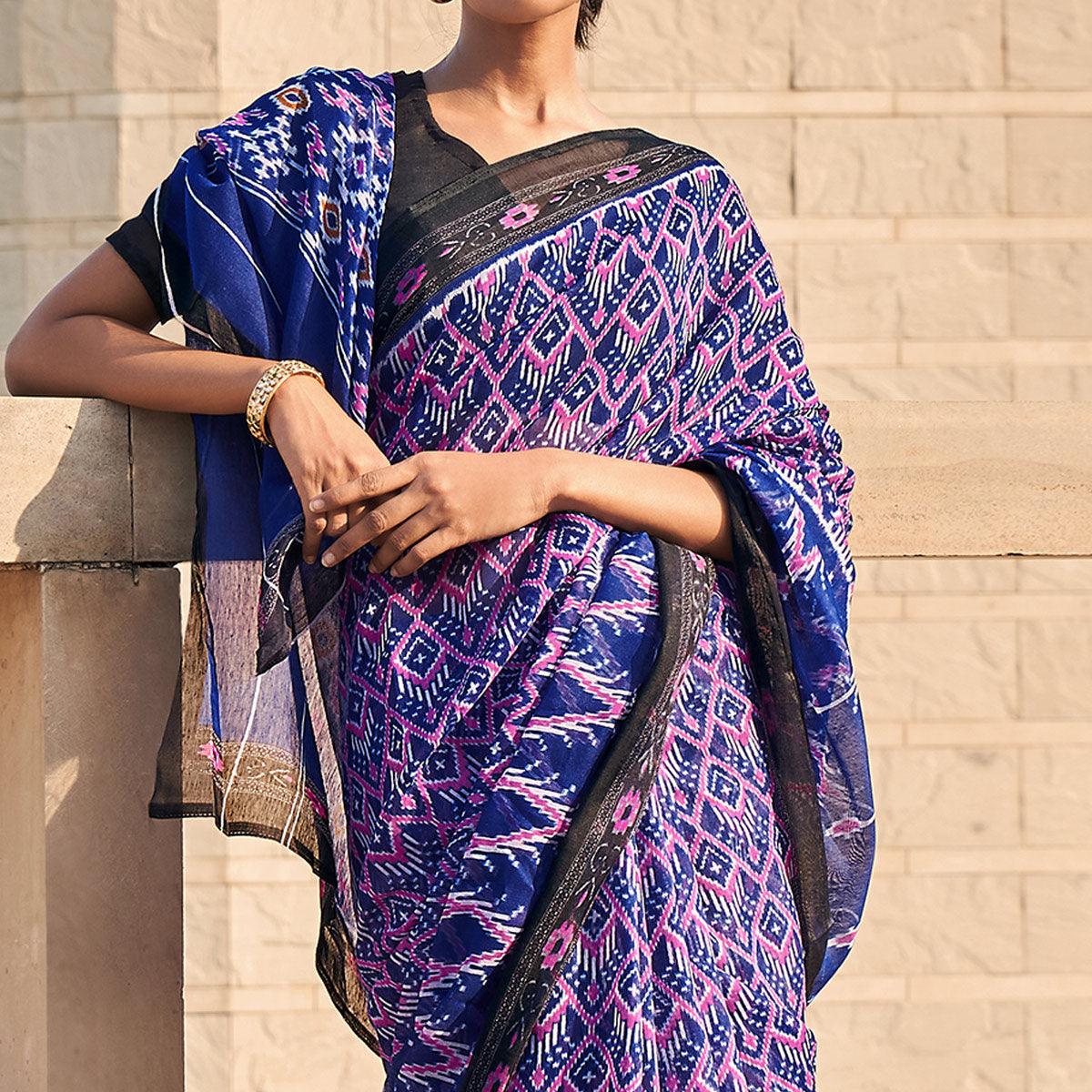 Purple Printed Poly Cotton Saree - Peachmode