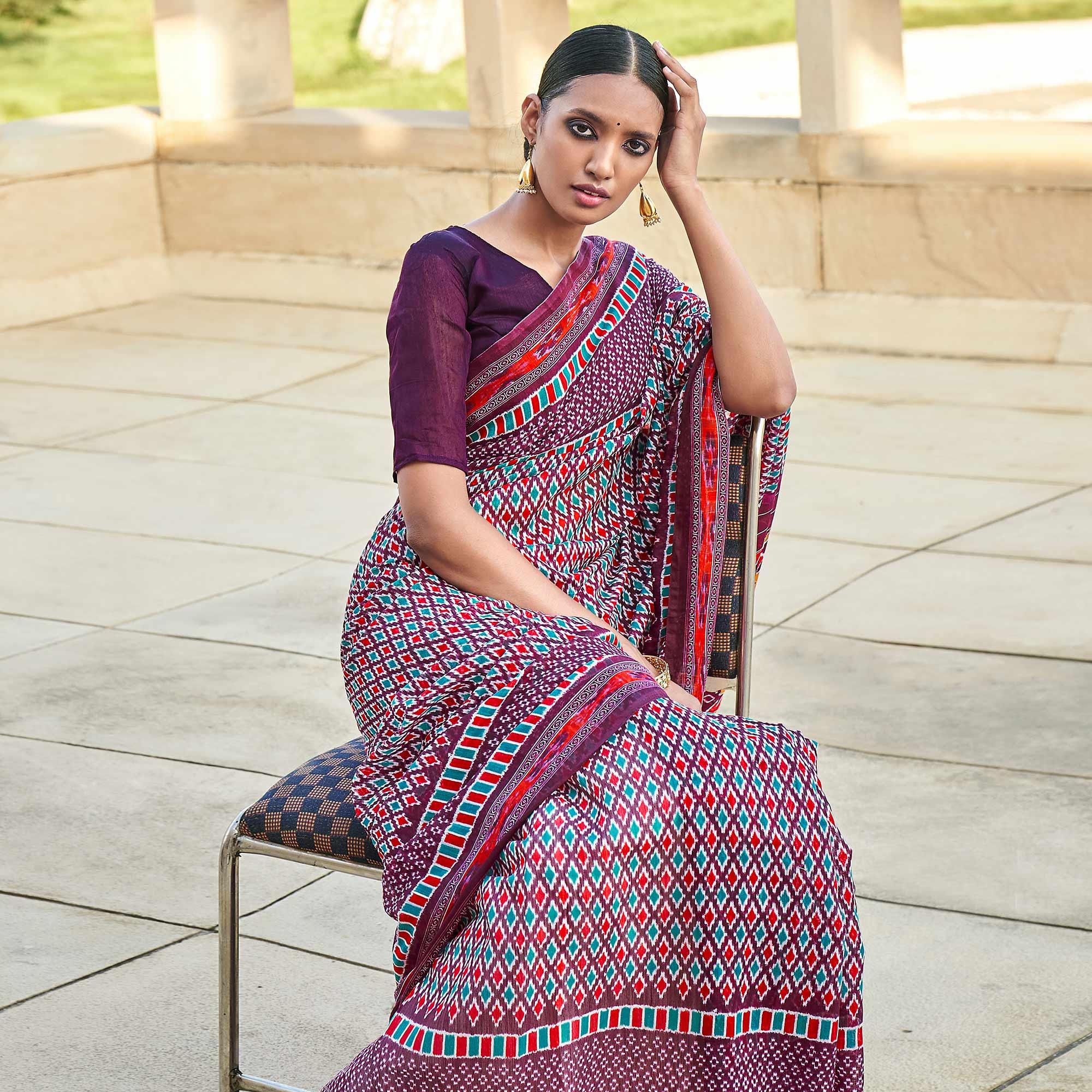 Purple Printed Poly Cotton Saree - Peachmode