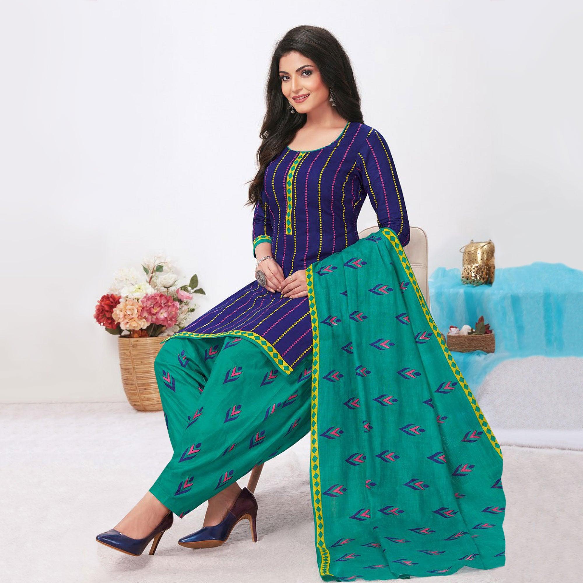 Purple Printed Pure Cotton Patiala Dress Material - Peachmode