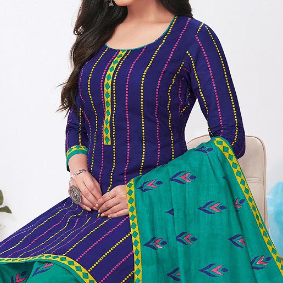 Purple Printed Pure Cotton Patiala Dress Material - Peachmode