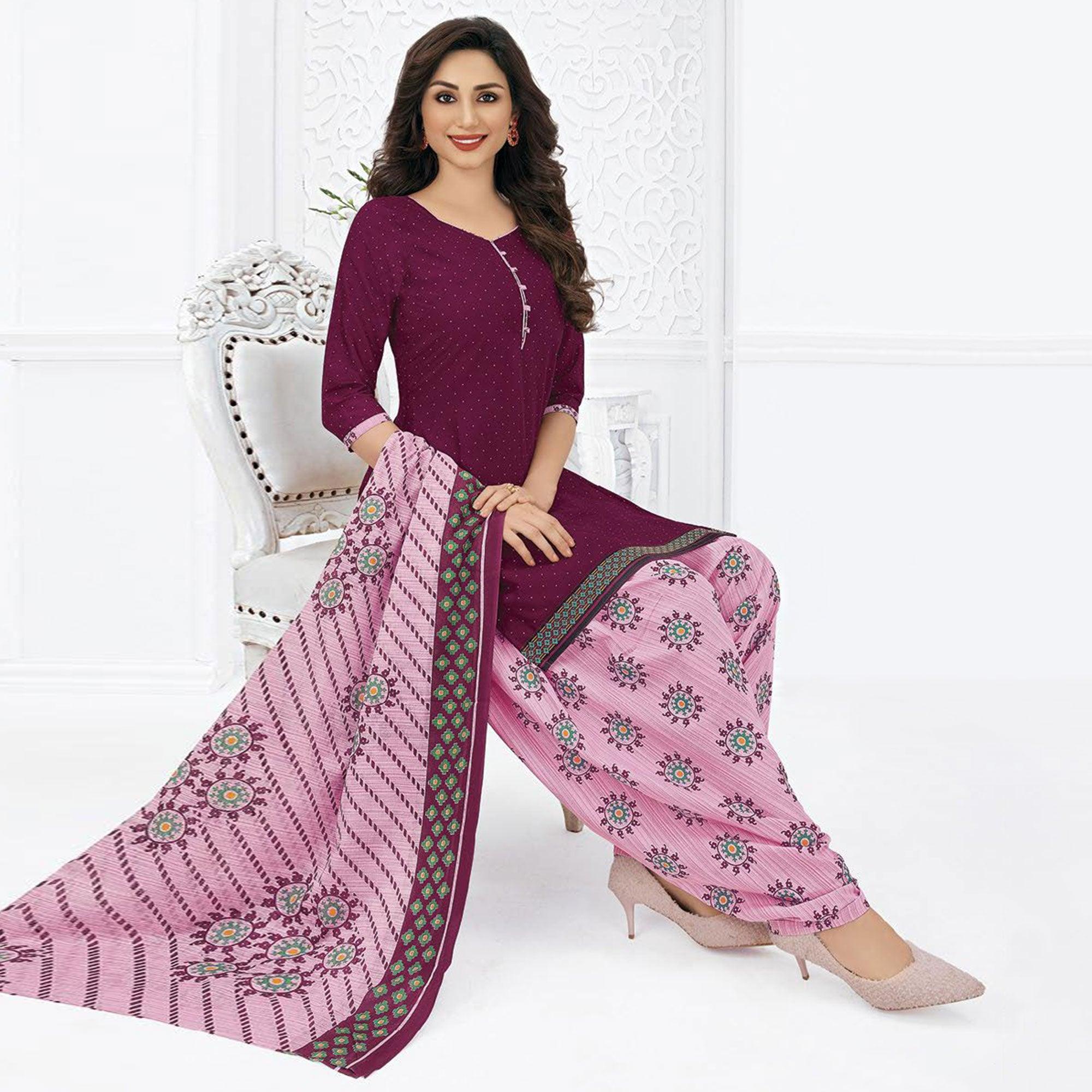 Purple Printed Pure Cotton Stitched Patiala Suit - Peachmode