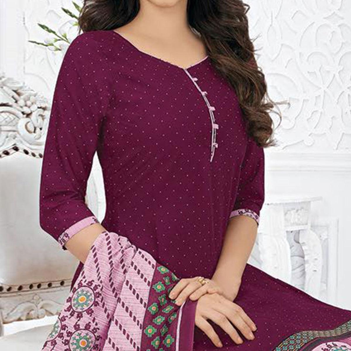 Purple Printed Pure Cotton Stitched Patiala Suit - Peachmode