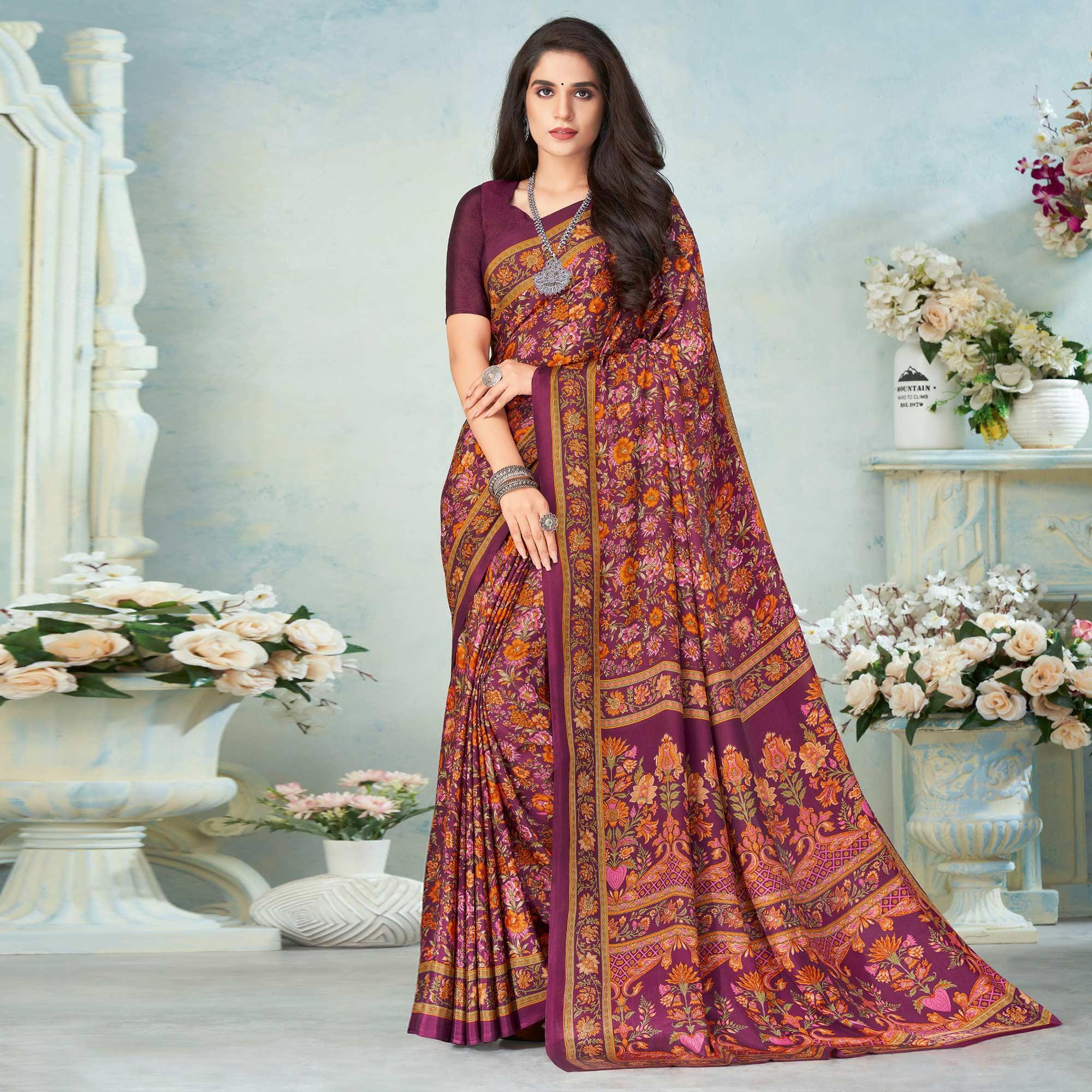 Purple Printed Raw Silk Saree - Peachmode