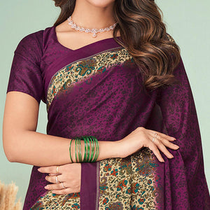 Purple Printed Raw Silk Saree - Peachmode
