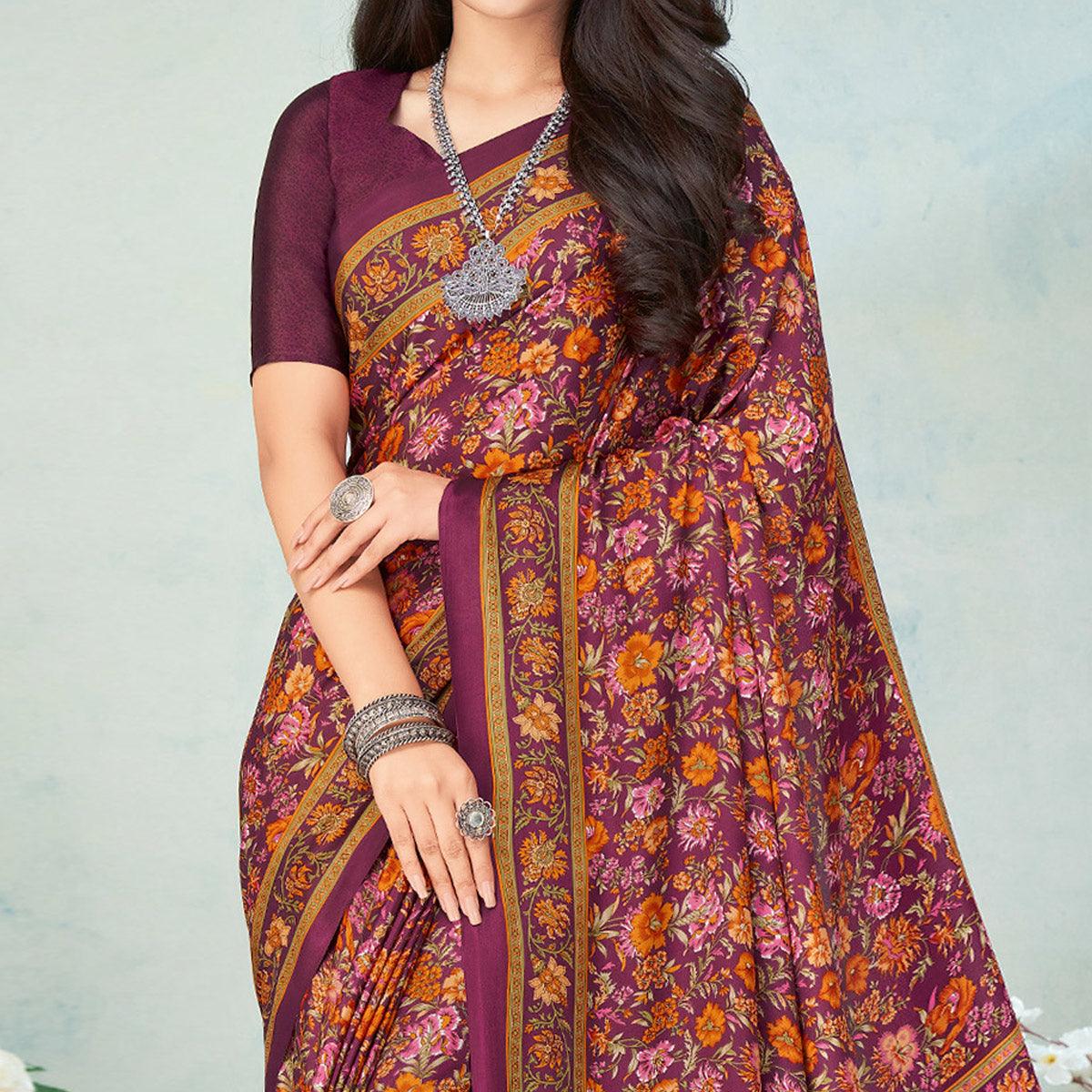 Purple Printed Raw Silk Saree - Peachmode