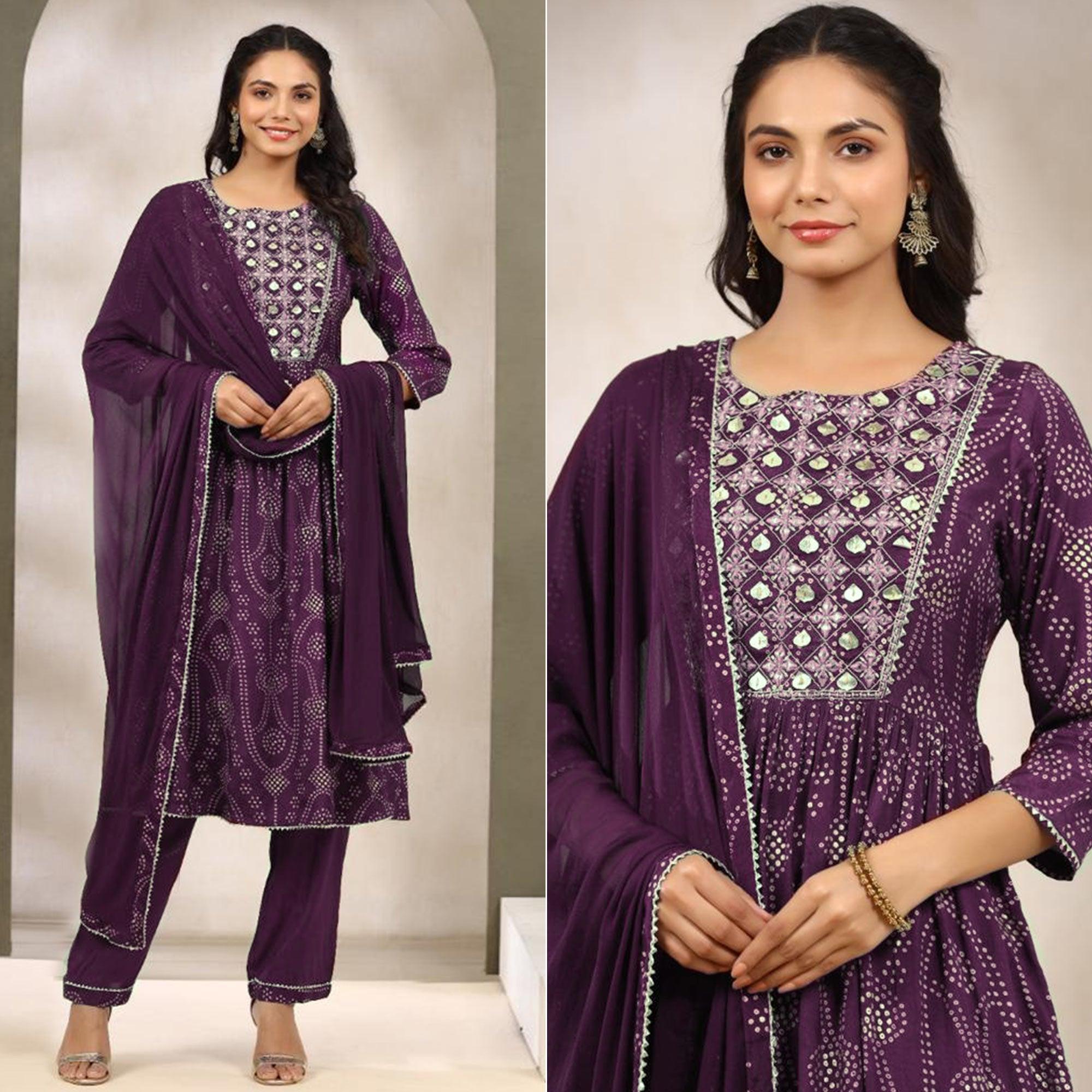 Purple Printed With Gota Patti Work Muslin Anarkali Suit - Peachmode