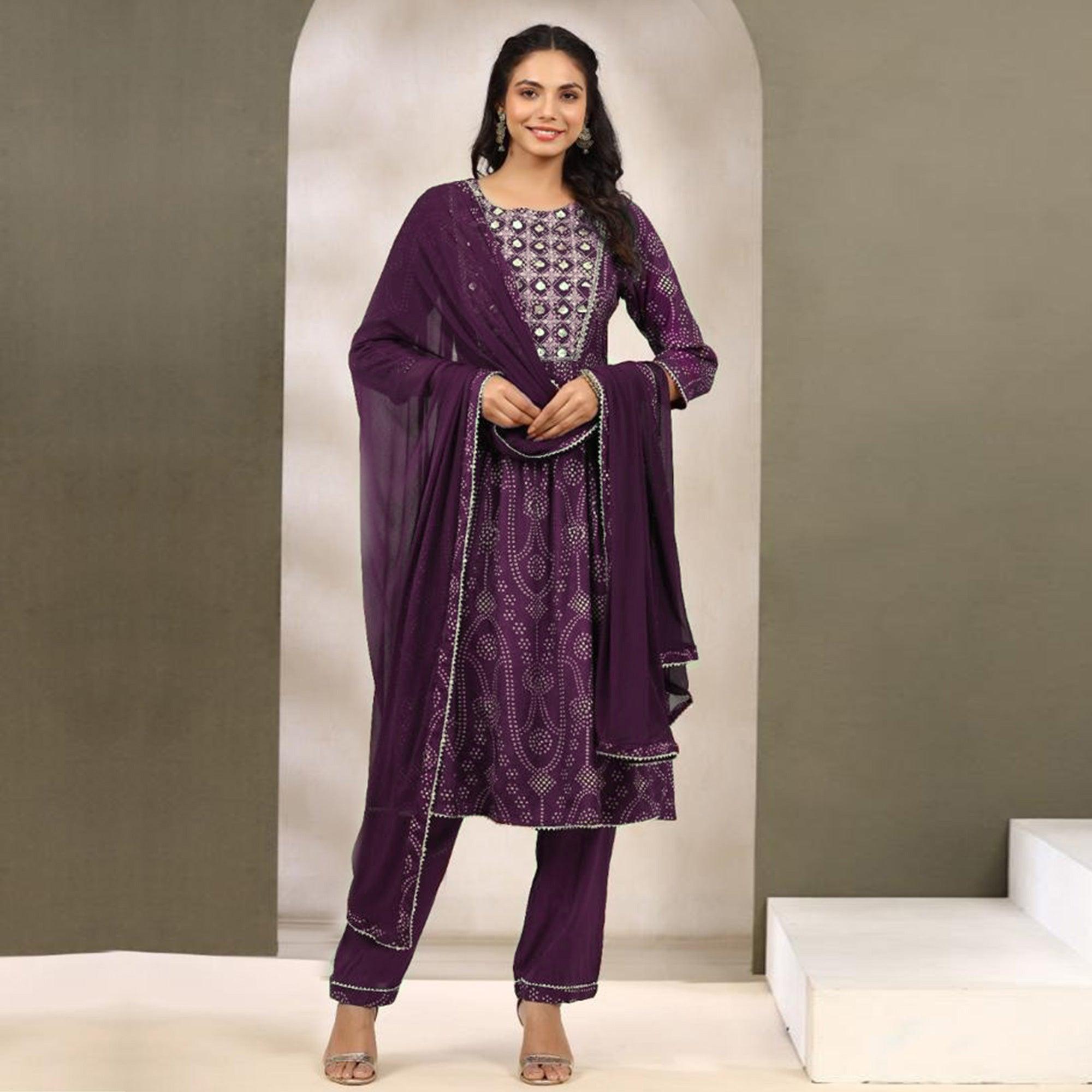 Purple Printed With Gota Patti Work Muslin Anarkali Suit - Peachmode
