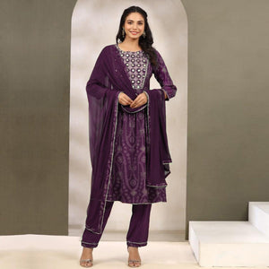 Purple Printed With Gota Patti Work Muslin Anarkali Suit - Peachmode