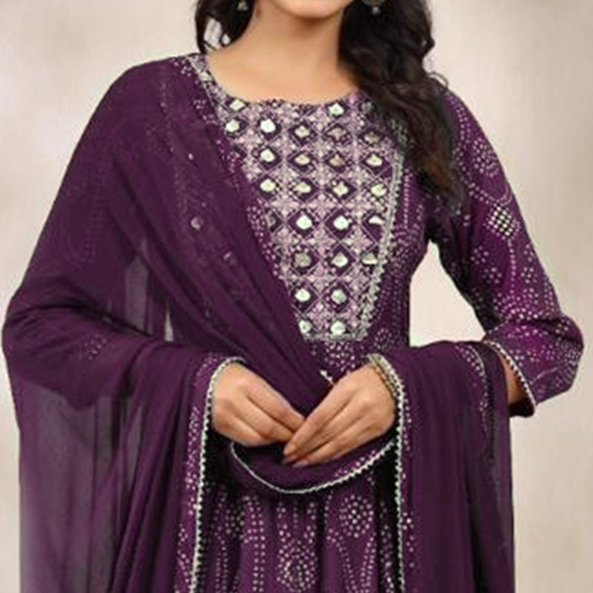 Purple Printed With Gota Patti Work Muslin Anarkali Suit - Peachmode