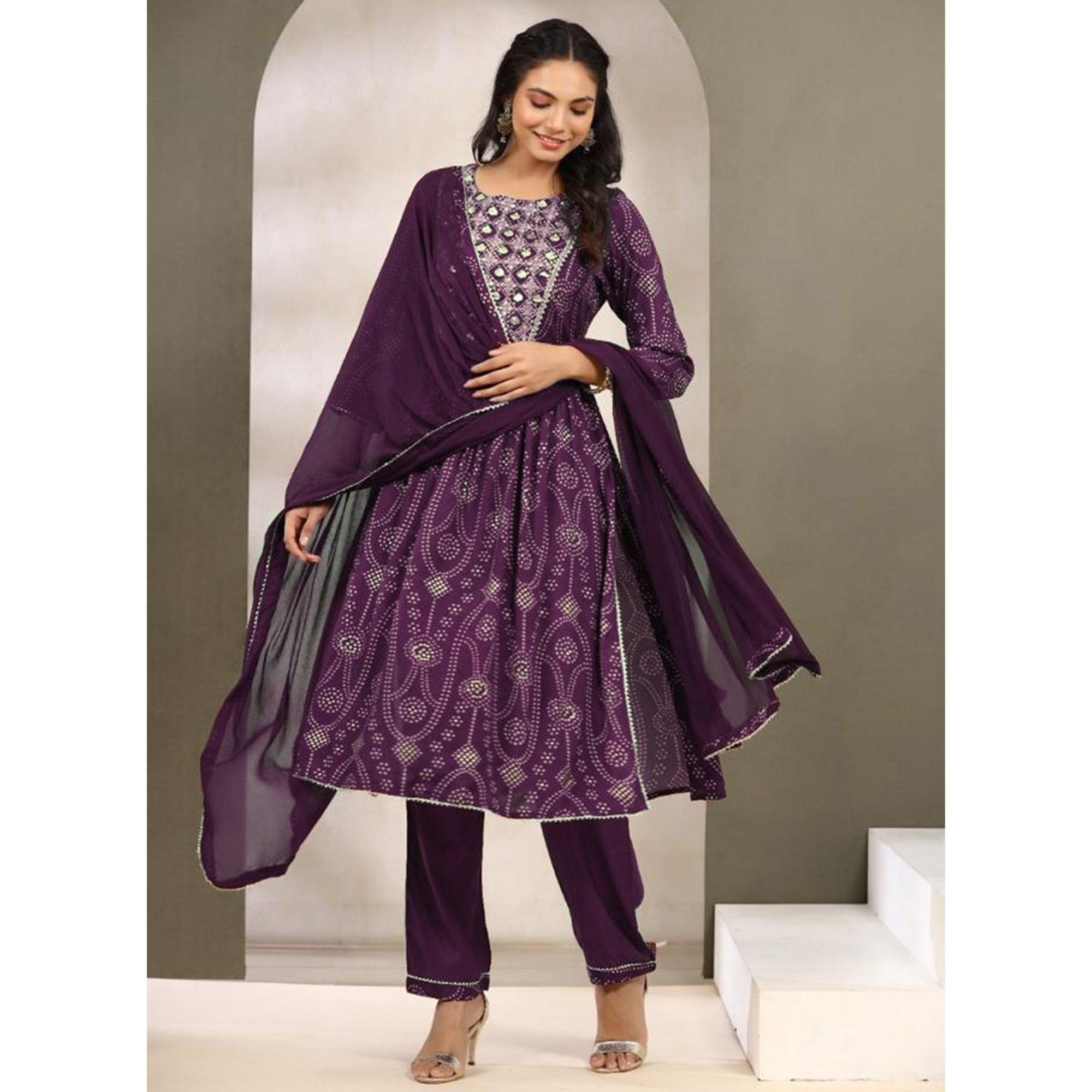 Purple Printed With Gota Patti Work Muslin Anarkali Suit - Peachmode