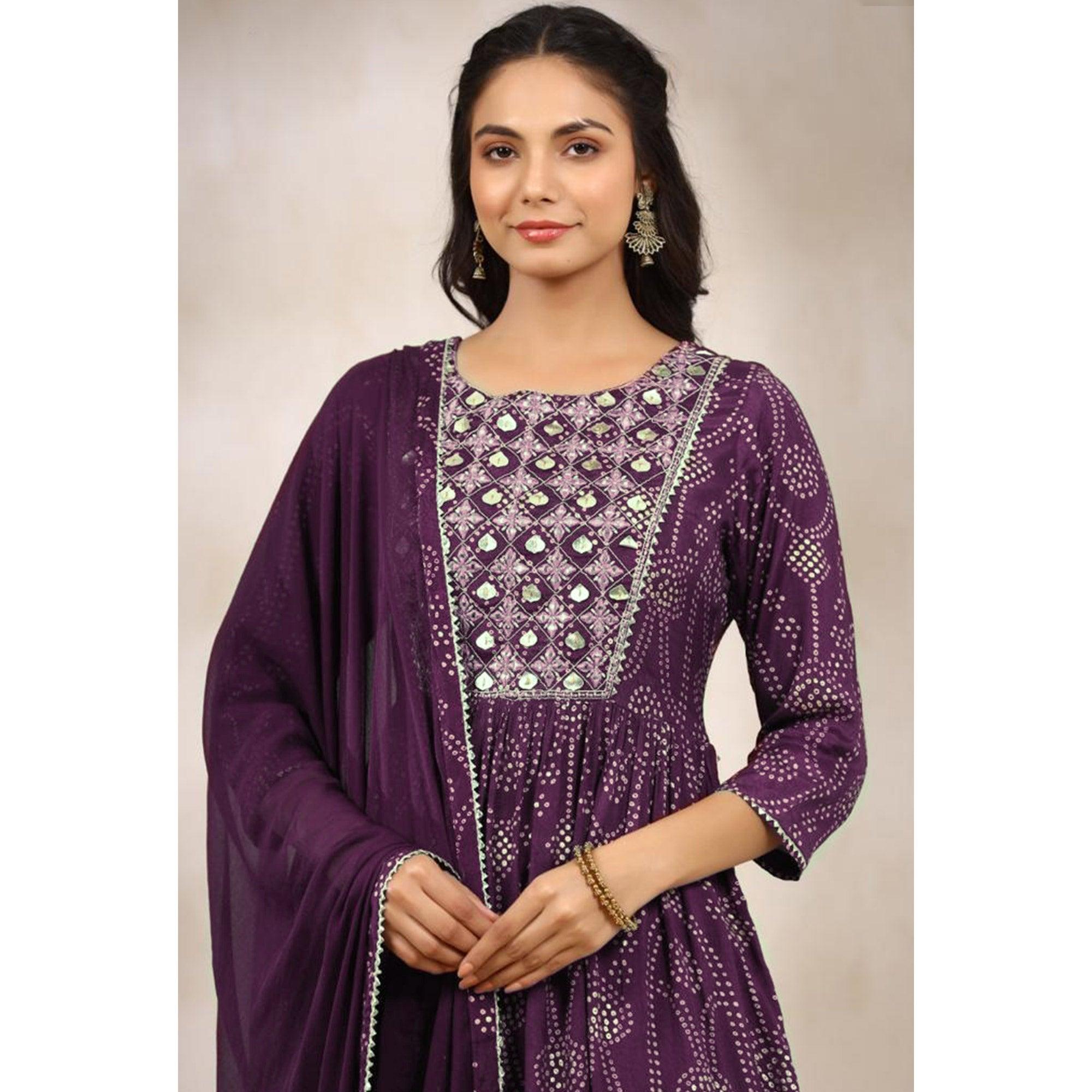 Purple Printed With Gota Patti Work Muslin Anarkali Suit - Peachmode