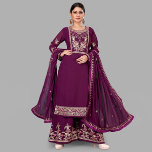Purple Semi Party Wear Embroidered Heavy Georgette Palazzo Suit - Peachmode
