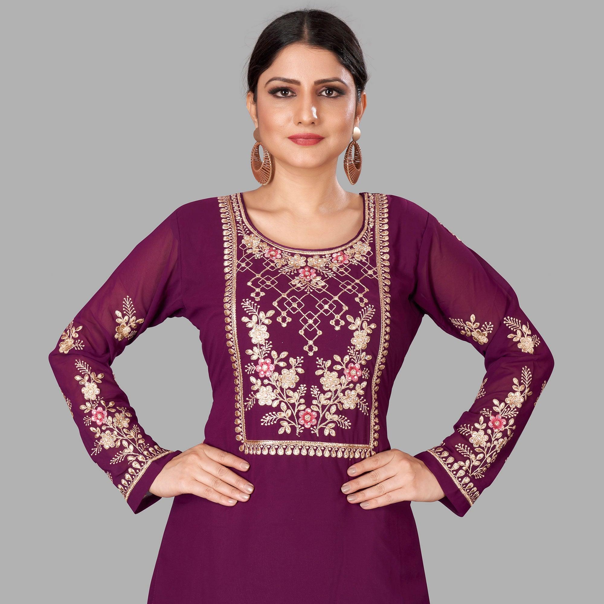 Purple Semi Party Wear Embroidered Heavy Georgette Palazzo Suit - Peachmode