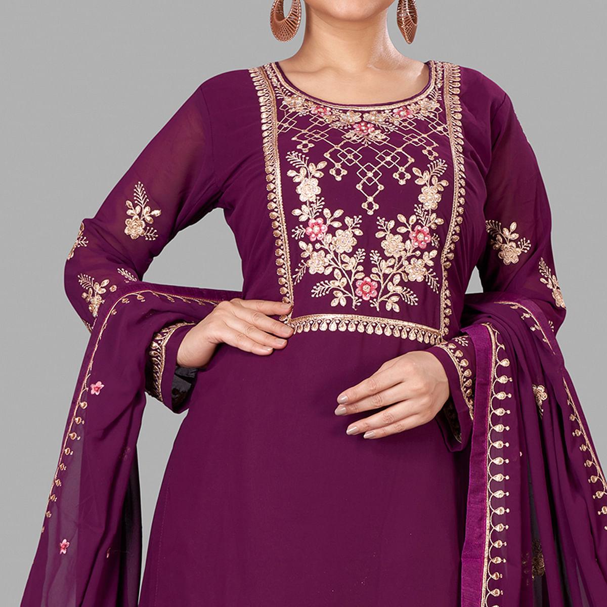 Purple Semi Party Wear Embroidered Heavy Georgette Palazzo Suit - Peachmode