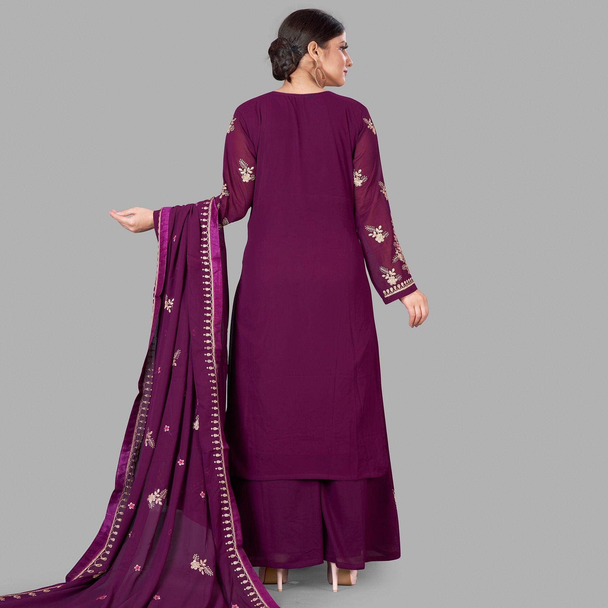 Purple Semi Party Wear Embroidered Heavy Georgette Palazzo Suit - Peachmode
