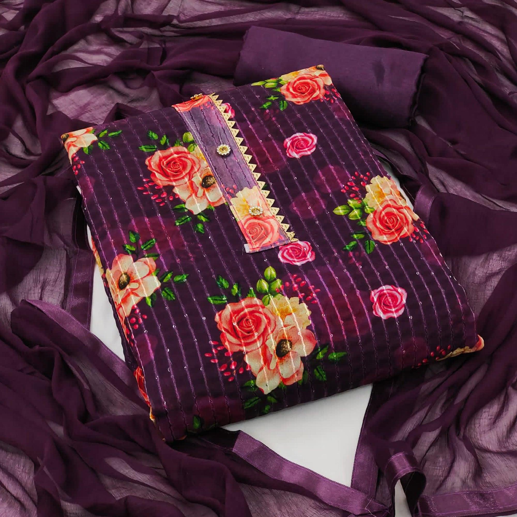 Purple Sequence Embroidered Georgette Dress Material - Peachmode